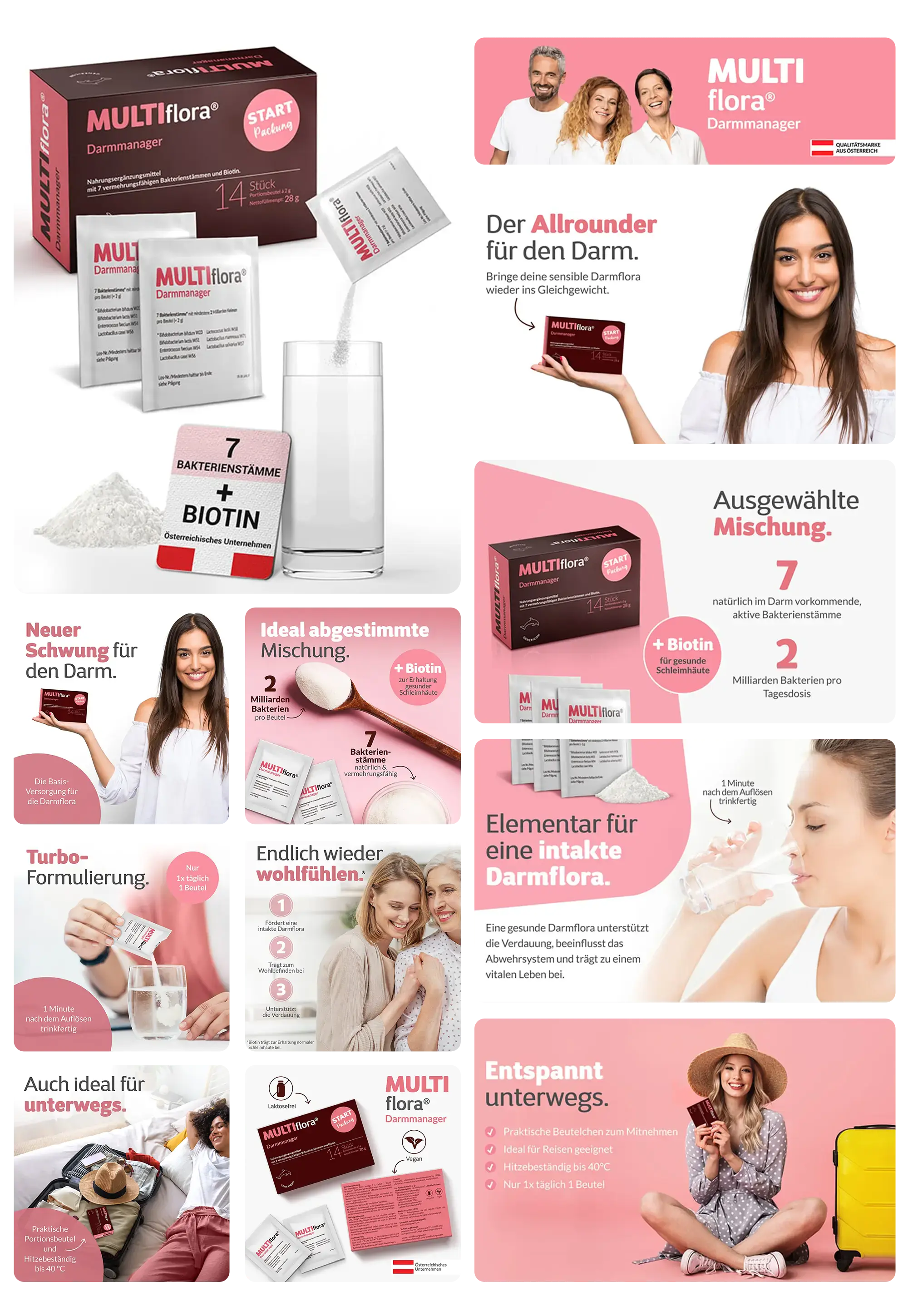 MULTIflora Darmmanager-Pulver in Portionsbeuteln. Das Produktbild zeigt die Verpackung, wie das Pulver in Wasser gemischt und getrunken wird, und hebt die Vorteile für die Darmgesundheit und Verdauung hervor.