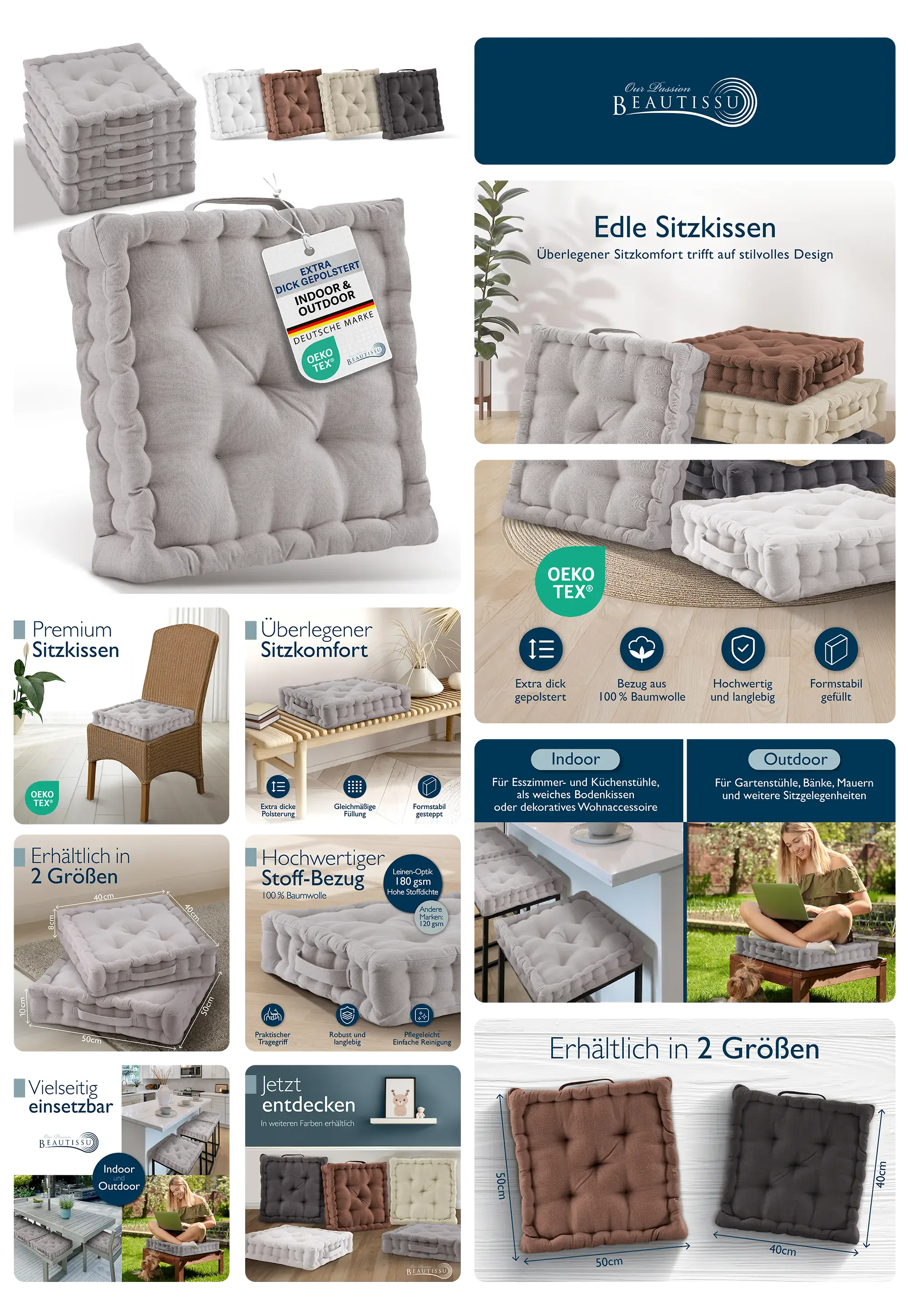 Mila-Kissen: Dick gepolstertes Sitzkissen aus 100% Baumwolle, geeignet für den Innen- und Außenbereich in verschiedenen Farben.