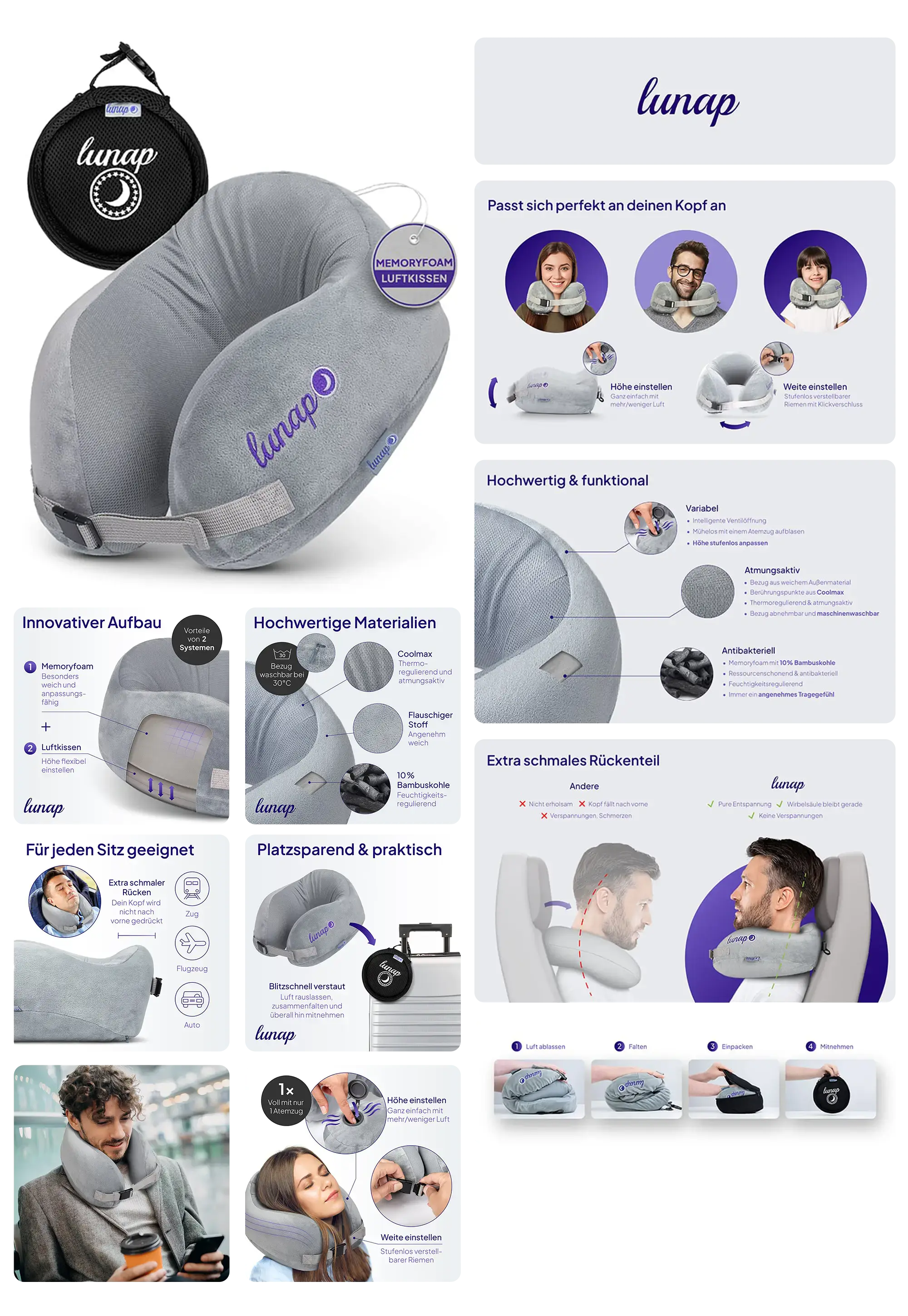 Nackenkissen: Graues Memory-Foam-Reisekissen mit verstellbarer Größe und atmungsaktivem Bezug für optimalen Komfort auf Reisen.