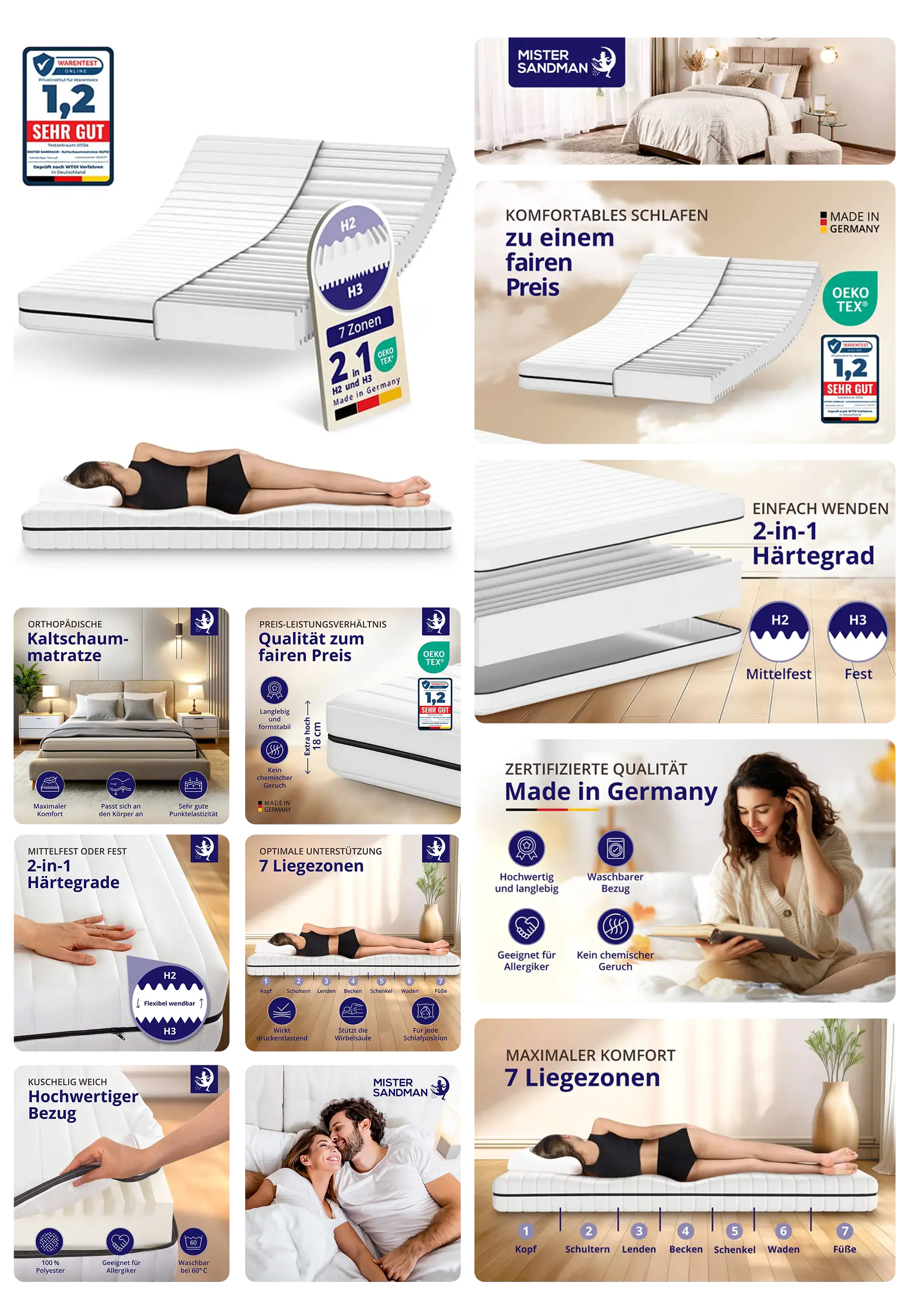 Bild einer Orthopädischen Matratze mit 7-Zonen-Liegezonen und waschbarem Bezug. Die Bilder zeigen verschiedene Details der Matratze, darunter ihre ergonomischen Eigenschaften und die Härtegrade H2 und H3. Ein Paar und eine Person, die auf der Matratze liegen, symbolisieren den Komfort und die Unterstützung.