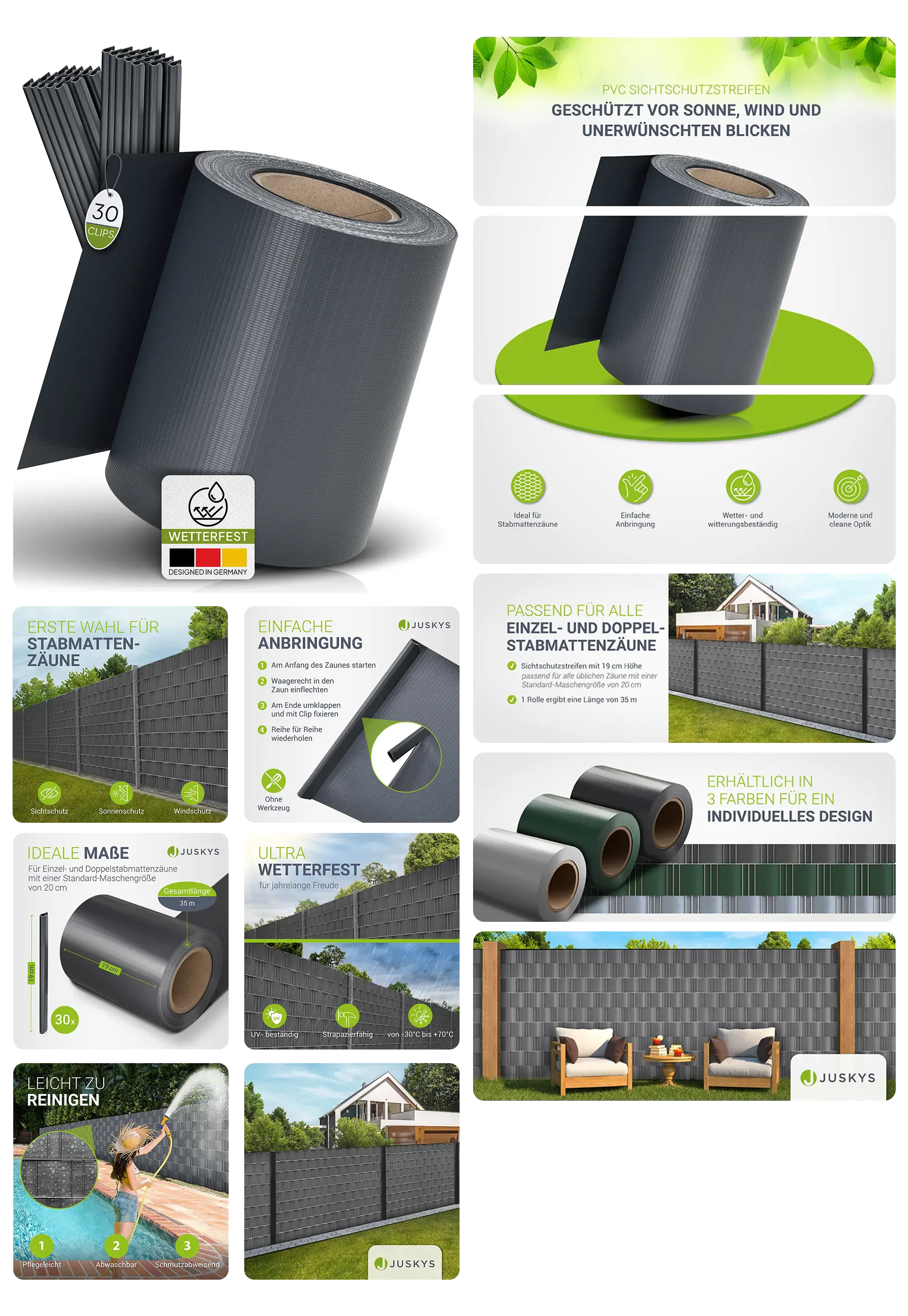 Rolle von PVC-Sichtschutzstreifen in Anthrazit für Doppelstabmattenzäune. Das Produkt schützt vor Wind und unerwünschten Blicken. Es ist wetterfest, UV-beständig und leicht zu reinigen. Die Bilder zeigen die einfache Anbringung an verschiedenen Zäunen in Gärten.