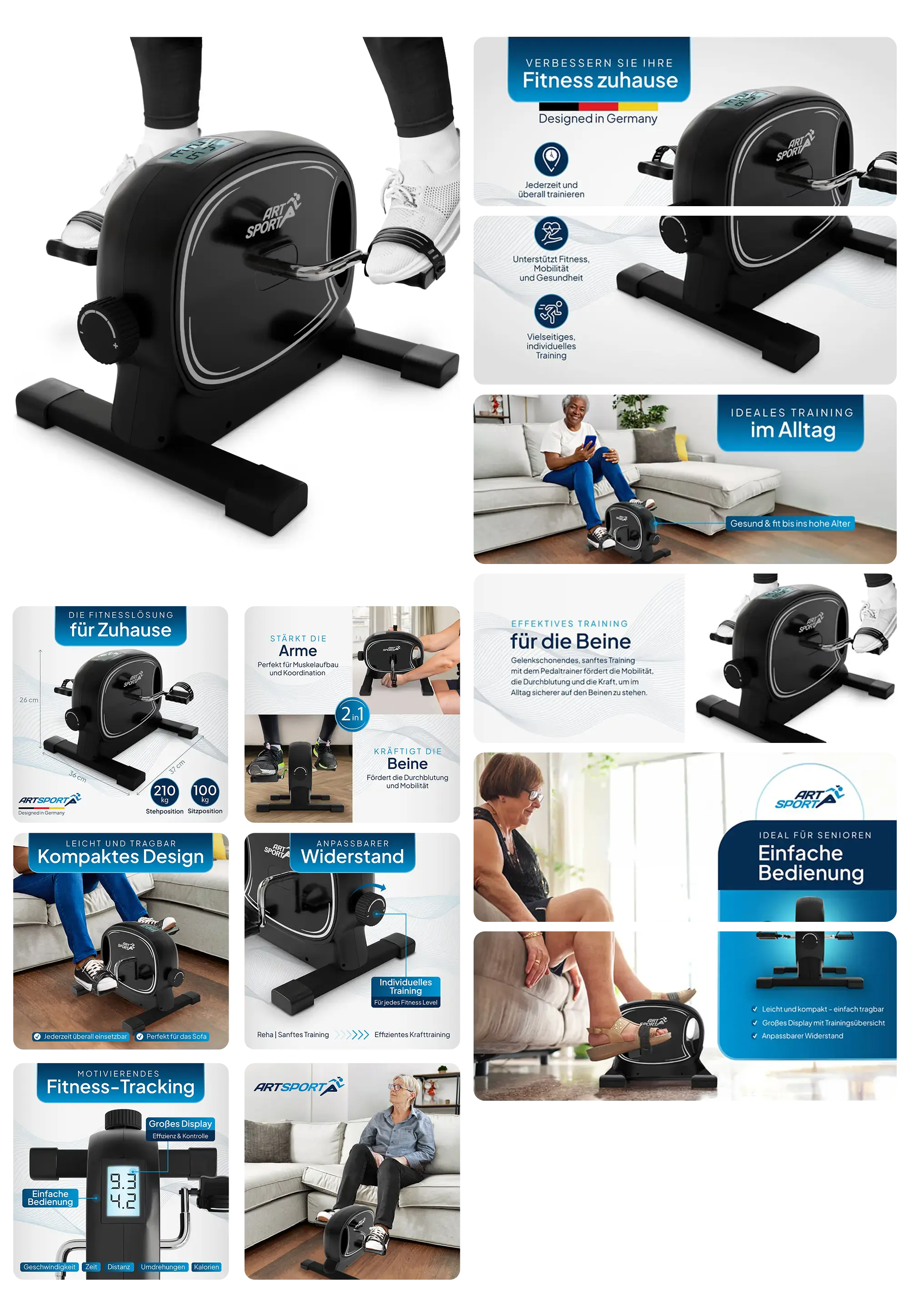 Bild eines schwarzen Pedaltrainers von ArtSport, der für Fitnessübungen zu Hause konzipiert ist. Die Abbildungen zeigen das Gerät in verschiedenen Anwendungsbereichen, sowohl für Beine als auch Arme, und heben seine kompakte Größe, das Fitness-Tracking-Display und die einfache Bedienung, besonders für Senioren, hervor.