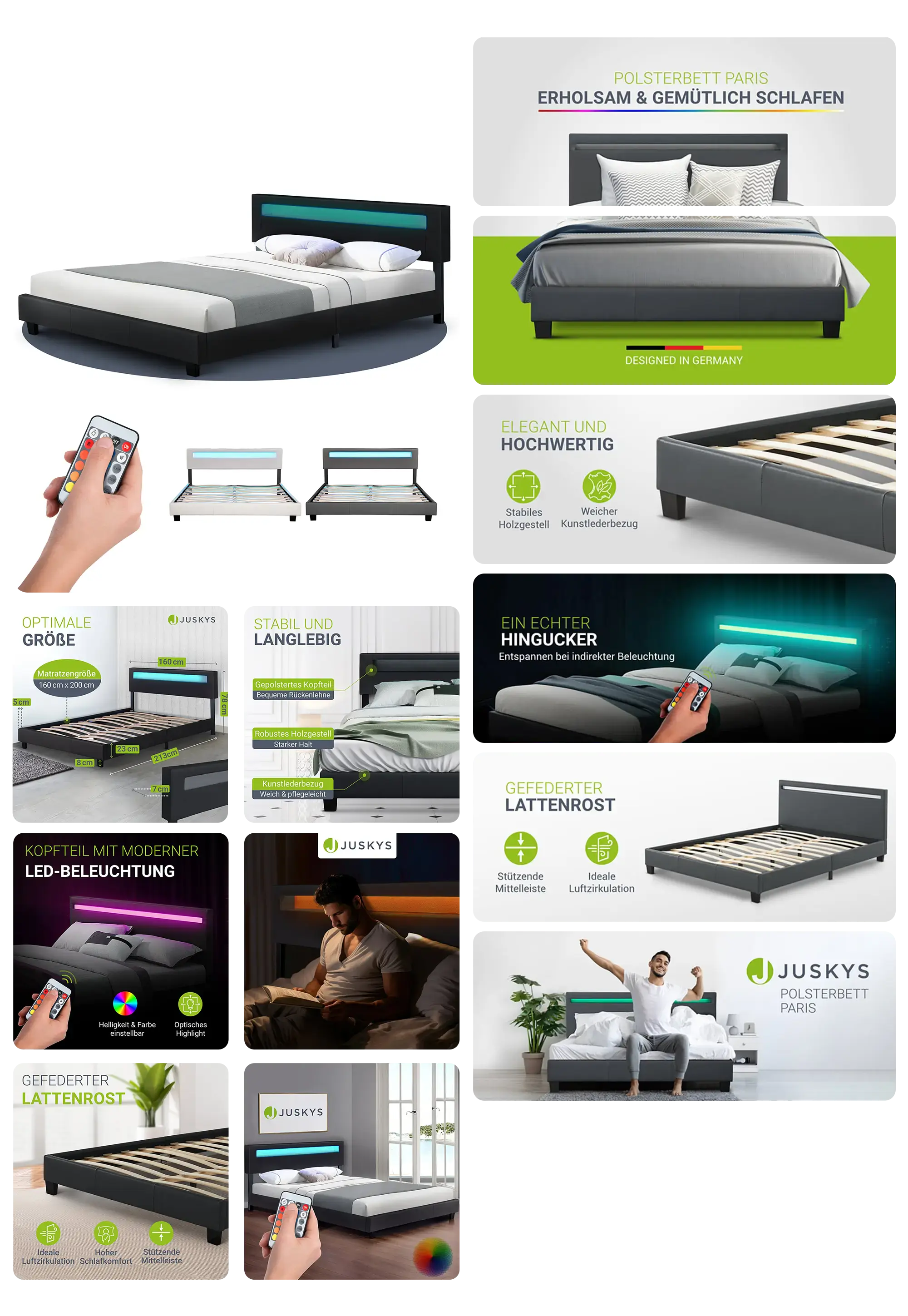 Bild eines grauen Polsterbetts namens "Paris" mit einem modernen, gepolsterten Kopfteil mit integrierter, fernbedienbarer LED-Beleuchtung. Die Bilder zeigen verschiedene Ansichten des Bettes, einschließlich des stabilen Holzgestells, des gefederten Lattenrosts und der Maße. Ein Mann sitzt auf dem Bett und entspannt, was den Komfort unterstreicht.