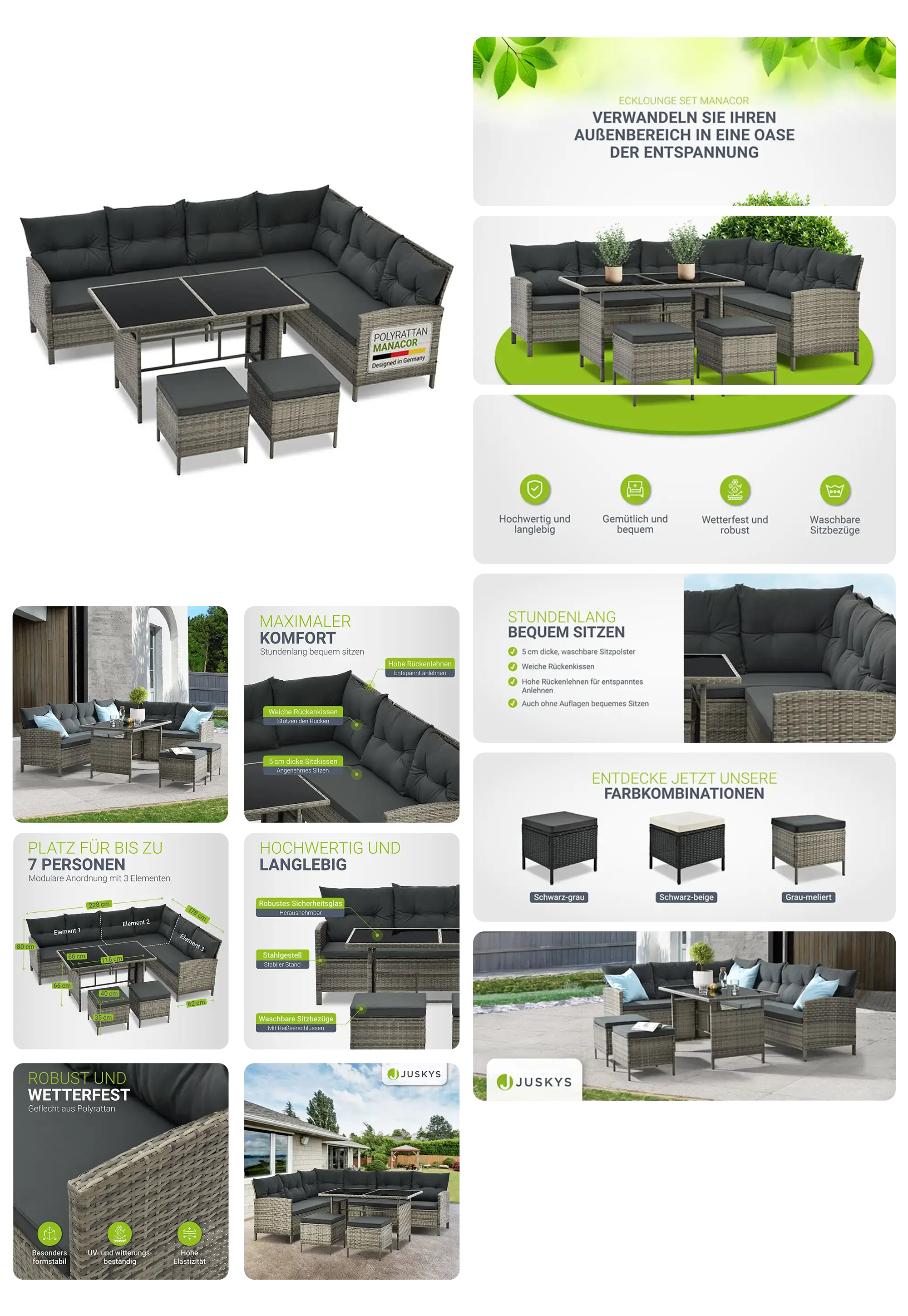 Bild eines modularen Polyrattan Gartenlounge-Sets in Anthrazitgrau, das aus einem Ecksofa, einem Tisch und Hockern besteht. Die Bilder zeigen, wie das Set einen Außenbereich in eine Entspannungsoase verwandeln kann, und heben seine Witterungsbeständigkeit, den hohen Sitzkomfort und die modulare Bauweise hervor, die Platz für bis zu 7 Personen bietet.