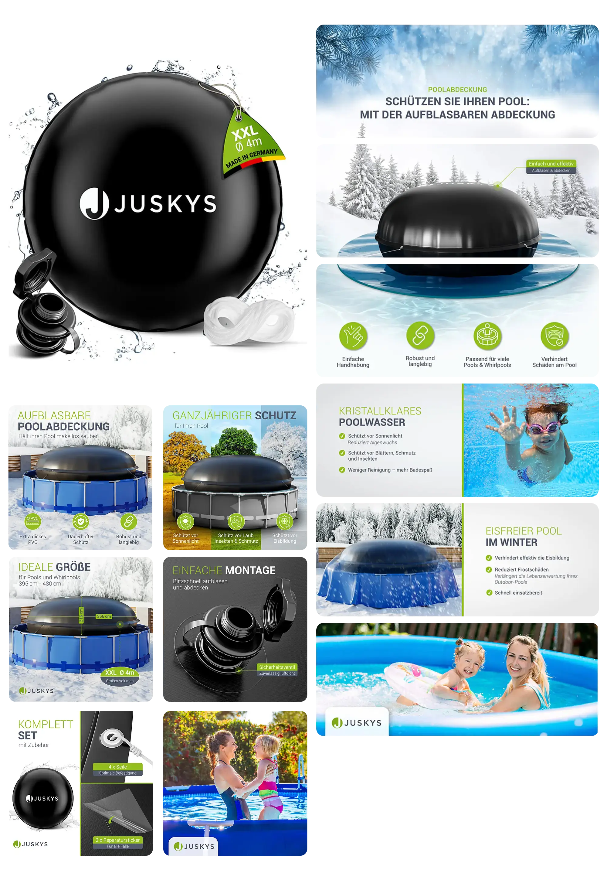 Bild eines großen, schwarzen, aufblasbaren Poolkissens zur Verwendung als Abdeckung für Schwimmbäder im Winter. Die Bilder zeigen, wie das Kissen den Pool ganzjährig schützt, insbesondere vor Eisbildung. Es ist als "XXL" gekennzeichnet und hat einen Durchmesser von 4 Metern. Die Montage wird als einfach beschrieben.