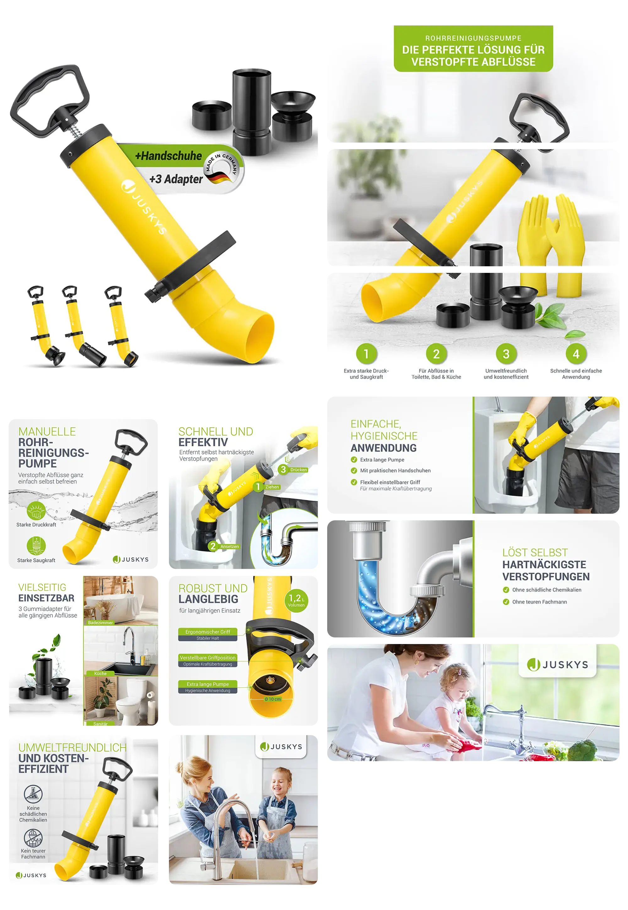 Bild einer gelben Rohrreinigungspumpe von Jusky mit verschiedenen Aufsätzen. Die Abbildungen zeigen die Anwendung in verschiedenen Situationen, wie zum Beispiel in der Küche oder im Badezimmer. Es wird betont, dass das Gerät umweltfreundlich, einfach in der Handhabung und effektiv bei der Beseitigung von Verstopfungen ist.