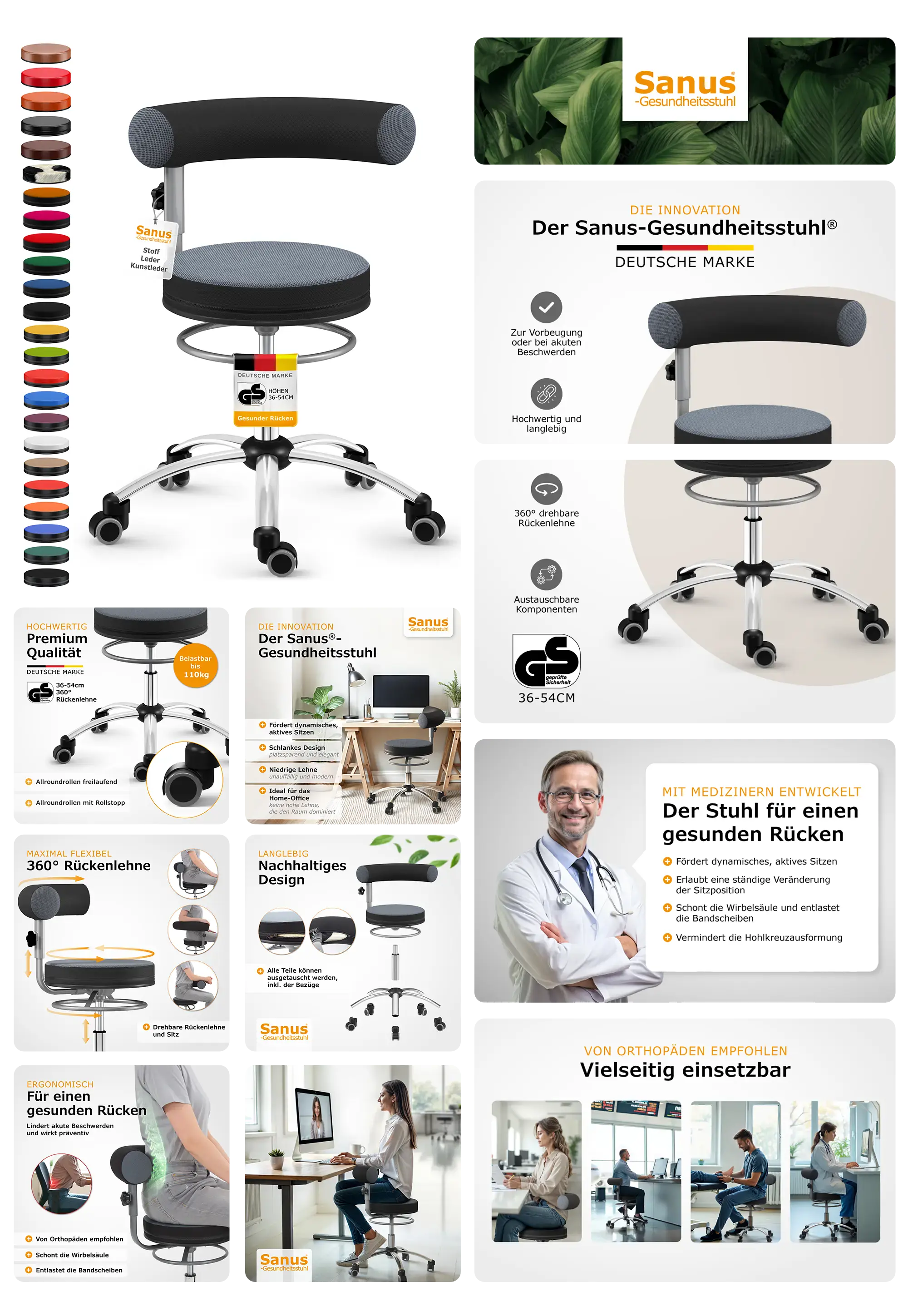 Bild eines Sanus Gesundheitsstuhls, der für ein dynamisches und gesundes Sitzen konzipiert ist. Die Abbildungen zeigen das ergonomische Design, die 360° drehbare Rückenlehne und verschiedene Anwendungsszenarien im Büro oder Home-Office. Es wird betont, dass der Stuhl von Orthopäden empfohlen und für einen gesunden Rücken entwickelt wurde. Die verfügbaren Farben für Sitz und Rückenlehne werden ebenfalls präsentiert.