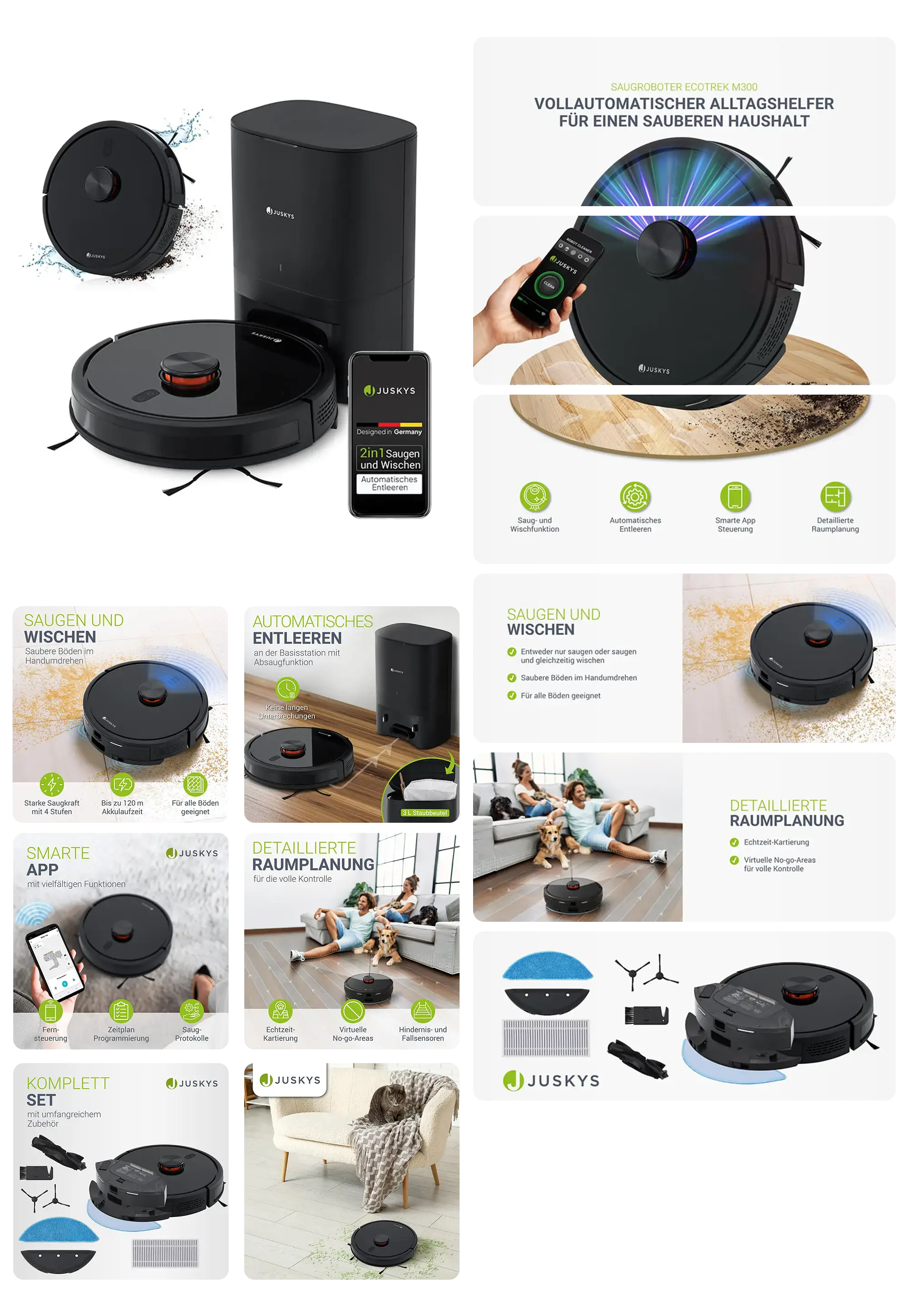 Bild eines Saugroboters von Jusky mit einer automatischen Entleerungsstation. Die Abbildungen zeigen die Funktionen des Geräts, darunter die Saug- und Wischfunktion, die App-Steuerung und die detaillierte Raumplanung. Die Bilder zeigen, wie der Roboter in einem Haushalt reinigt, während Personen und Haustiere anwesend sind.