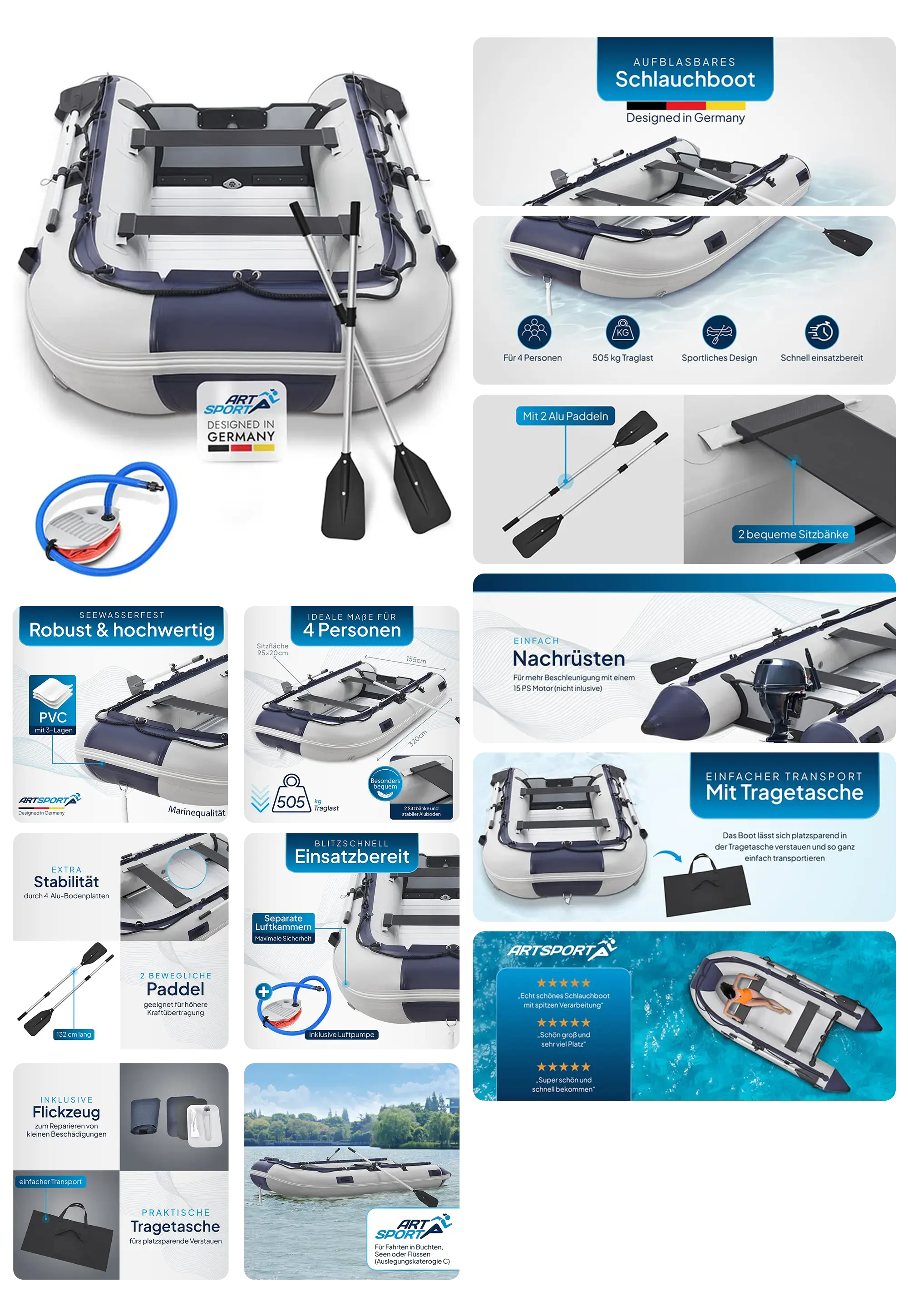 Bild eines grauen und weißen, aufblasbaren Schlauchboots mit zwei Paddeln. Das Boot ist für bis zu vier Personen ausgelegt und ist mit einem Tragegriff und Aluminium-Paddeln ausgestattet. Die Abbildungen zeigen das Boot im Einsatz auf einem See, zusammen mit Details wie den Paddeln, der Tragtasche, der Pumpe und der Möglichkeit, einen Außenbordmotor zu montieren.