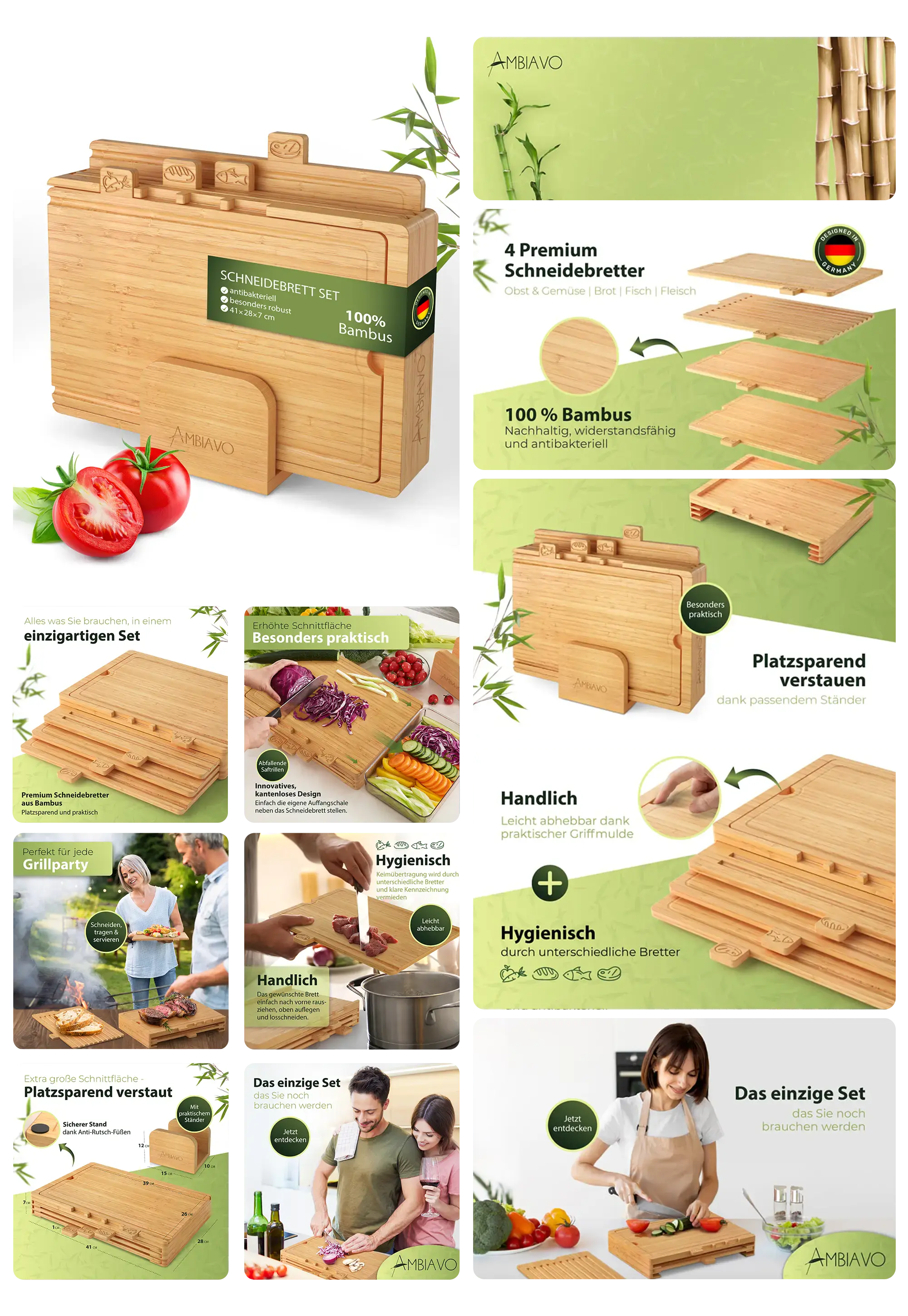 Bild eines 4-teiligen Schneidebrett-Sets aus Bambus, das in einem passenden Halter aufbewahrt wird. Die Bilder zeigen die hygienischen Vorteile der Verwendung unterschiedlicher Bretter für Fisch, Fleisch und Gemüse. Das Set wird als platzsparend, praktisch, handlich und aus nachhaltigem Bambus hergestellt präsentiert.