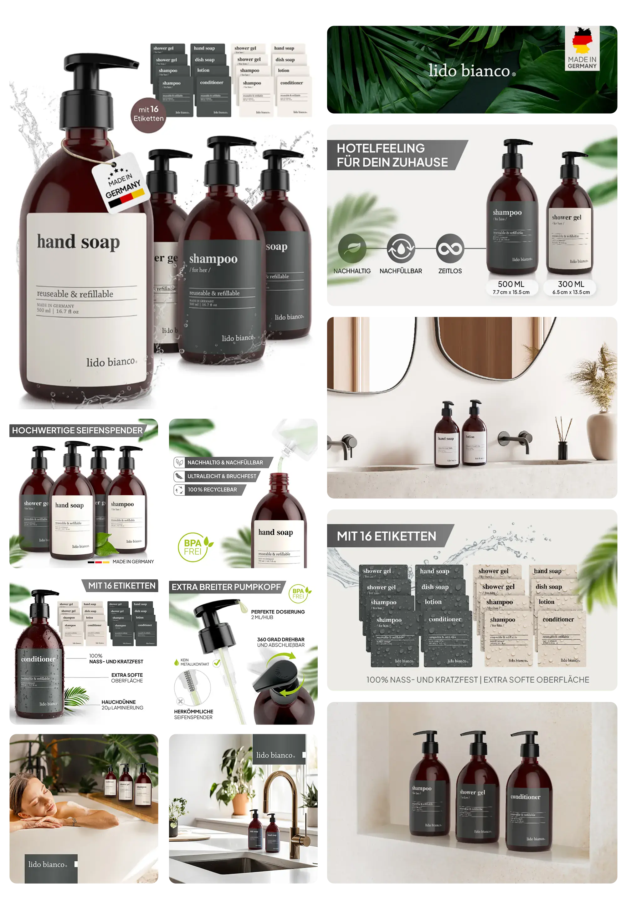 Bild von braunen, nachfüllbaren Seifenspendern mit schwarzen Pumpköpfen. Das Set wird mit 16 Etiketten geliefert, die es ermöglichen, die Flaschen für verschiedene Flüssigkeiten wie Handseife, Shampoo, Duschgel und Conditioner zu beschriften. Die Bilder betonen die Nachhaltigkeit, das hochwertige Design und die Wiederverwendbarkeit der Seifenspender und zeigen sie in einem Badezimmerkontext.