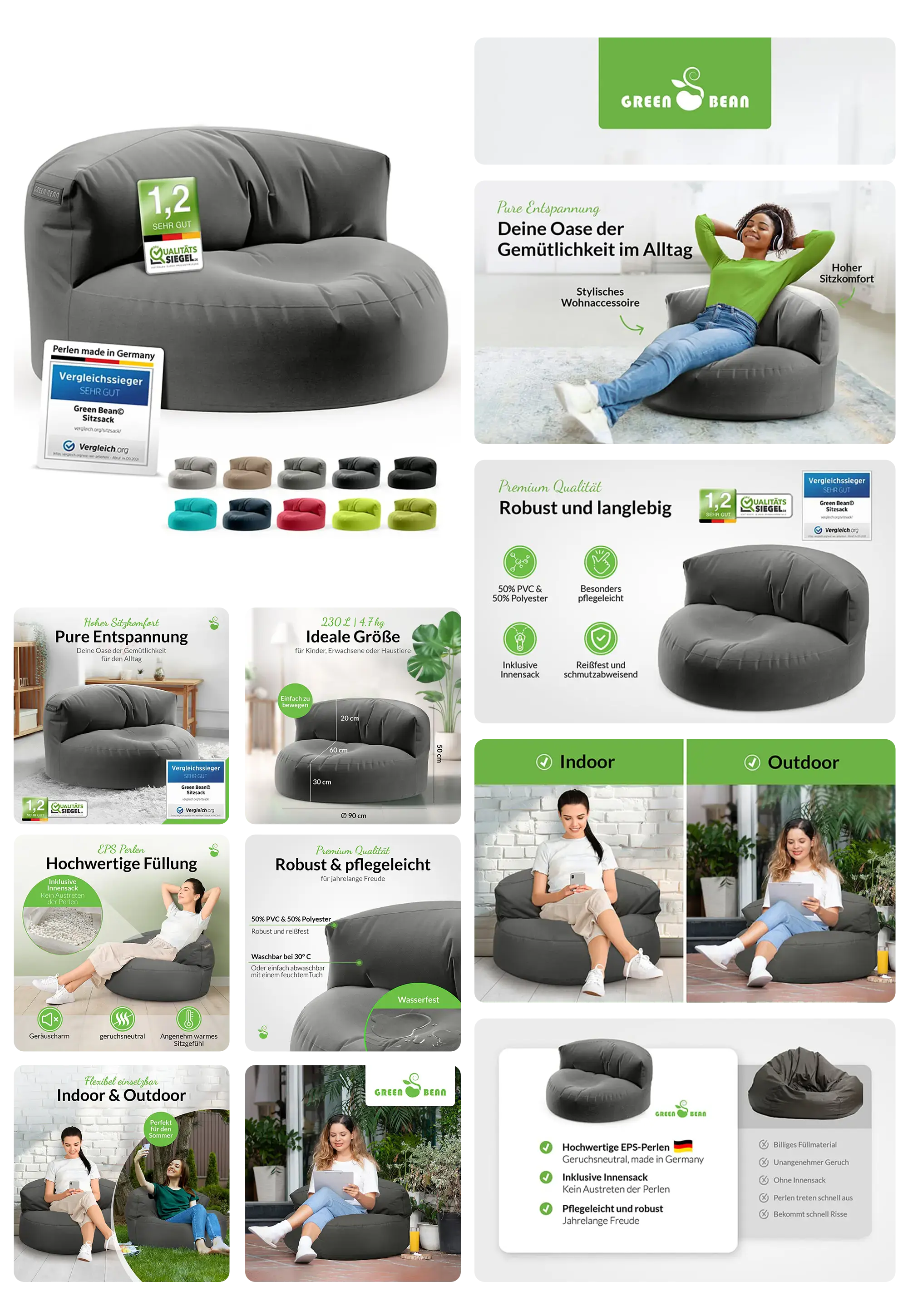 Sitzsack von Green Bean in grau, weiches und bequemes Sitzmöbel für den Innen- und Außenbereich