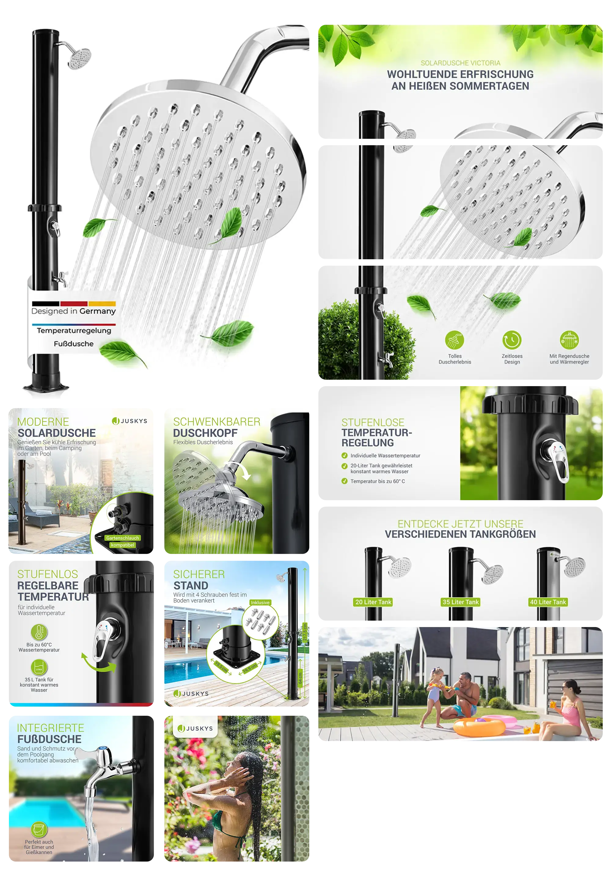 Solardusche für den Garten und Poolbereich mit Duschkopf und einstellbarer Temperaturregelung