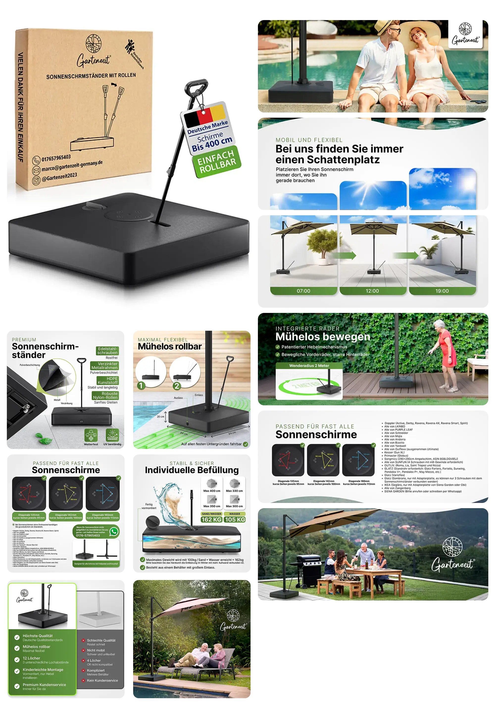 Sonnenschirmständer von Gartenzeit mit Rollen, mobil und beschwerbar für den Garten oder die Terrasse