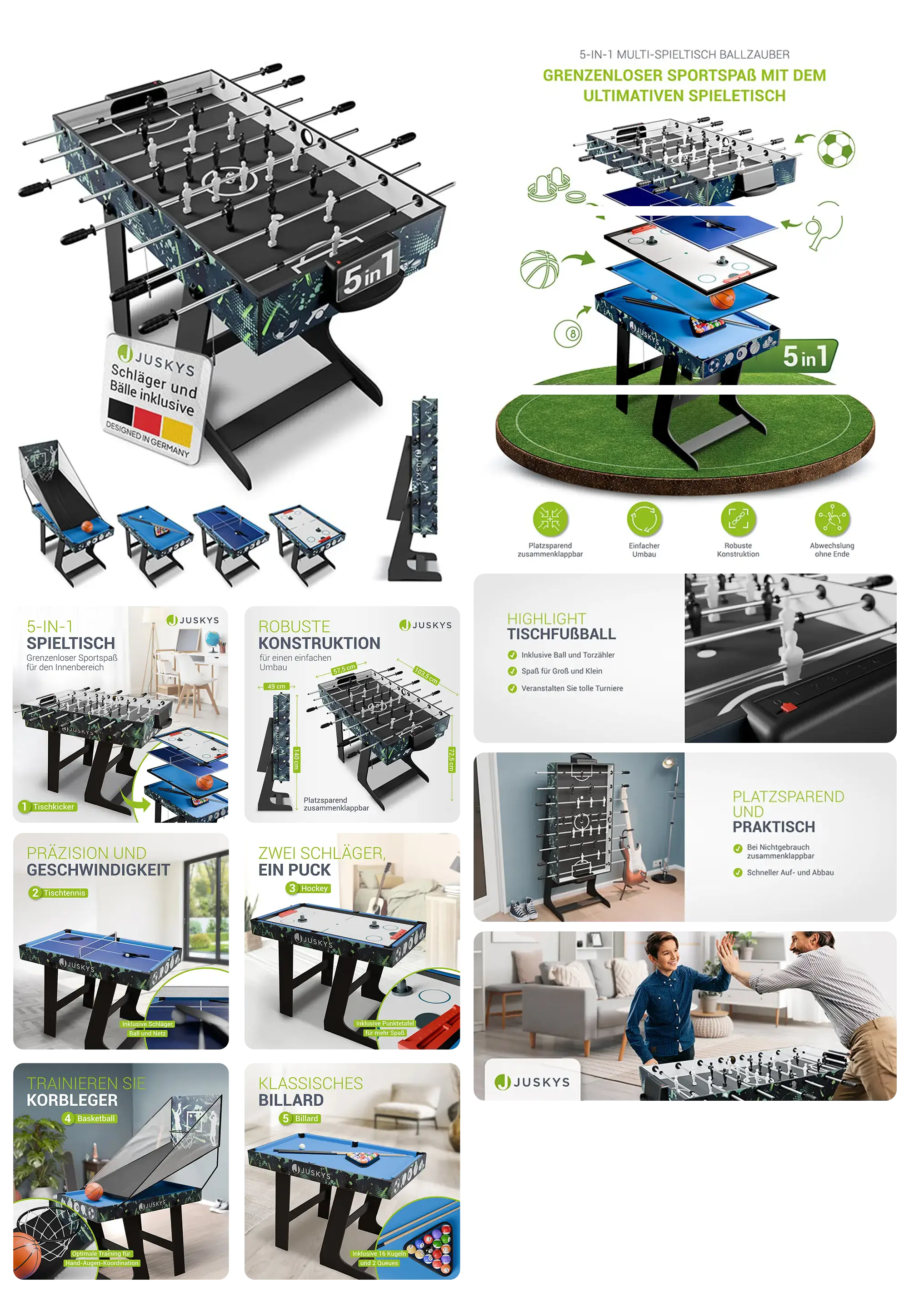 Bild eines 5-in-1-Multi-Spieltisches von Juskys namens "Ballzauber". Der Tisch lässt sich zusammenklappen und enthält fünf verschiedene Spiele: Tischfußball, Billard, Tischhockey, Tischtennis und ein Basketballspiel. Die Abbildungen zeigen die robuste Konstruktion, die Platzersparnis durch das Zusammenklappen und verschiedene Anwendungsbeispiele der Spiele.
