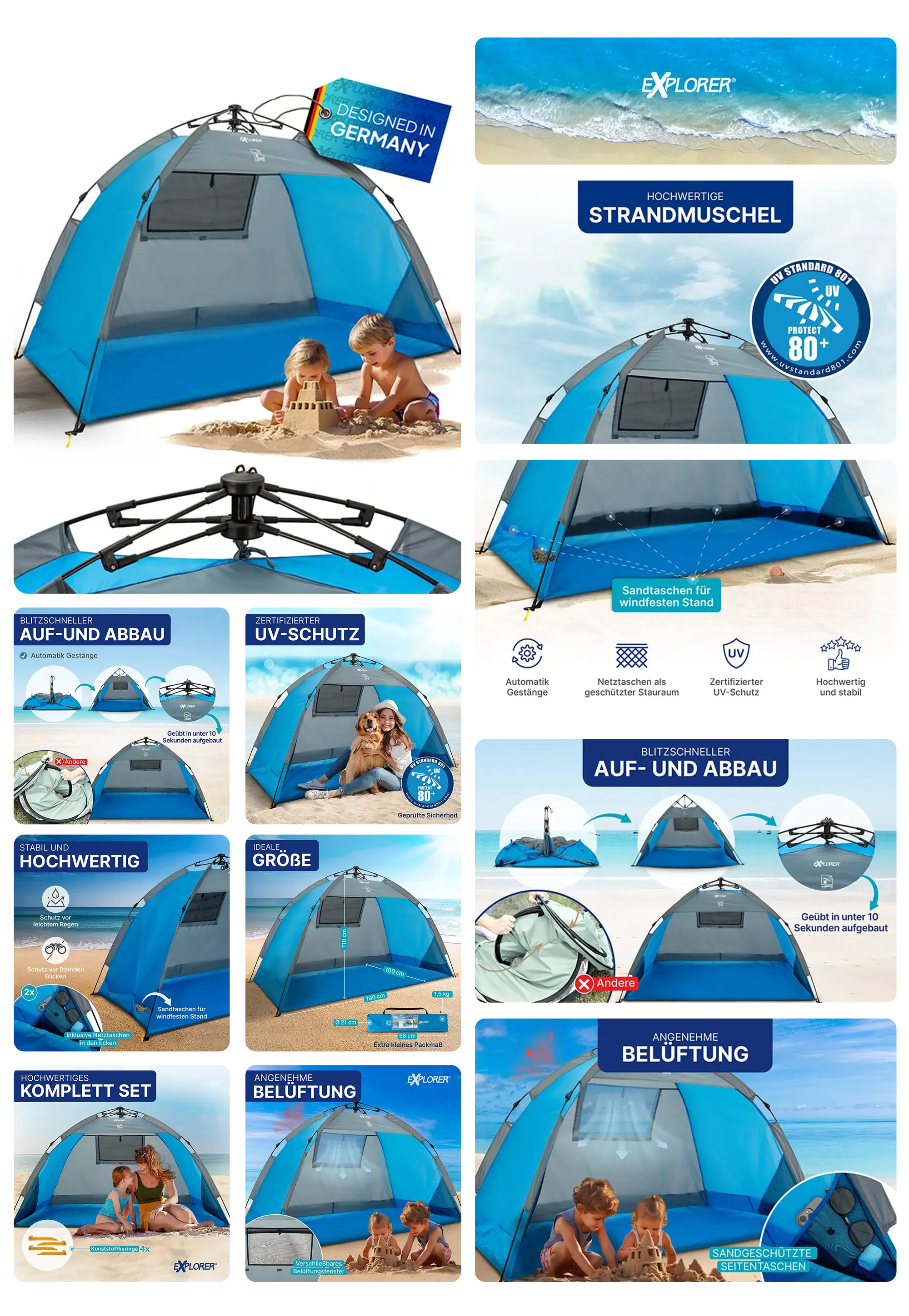 Bild einer blauen und grauen Strandmuschel, die zum Schutz vor Sonne und Wind am Strand dient. Die Abbildungen zeigen das Produkt im Gebrauch, heben seine Merkmale wie den UV-Schutz (UPF 80+), die automatische Blitzaufstellung und den einfachen Auf- und Abbau hervor. Es ist zu sehen, wie die Strandmuschel den Nutzern, inklusive zweier Kinder, einen geschützten Platz bietet.