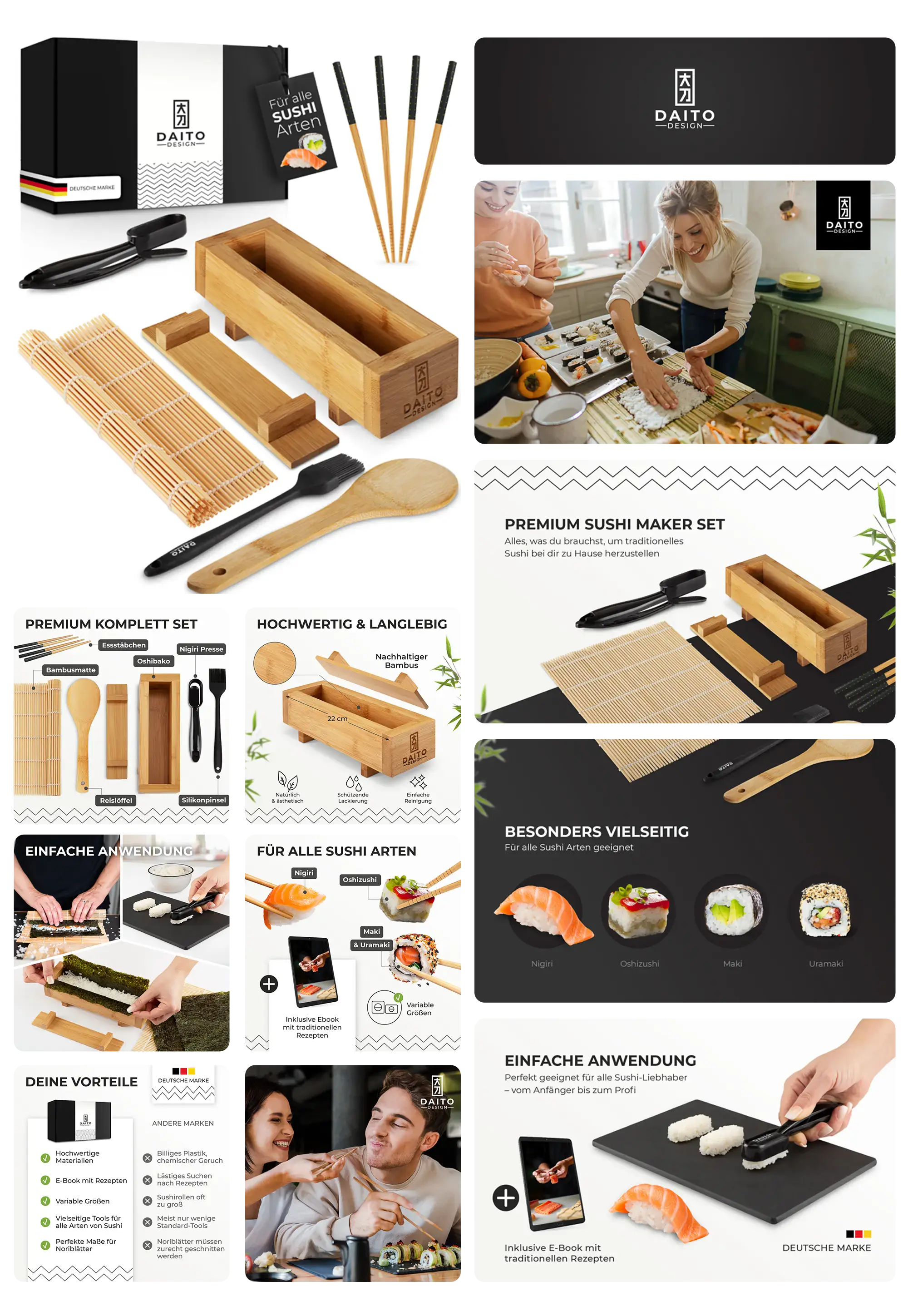 Bild eines Premium Sushi-Sets aus Bambus und anderen Utensilien zum Selbermachen von Sushi. Das Set enthält eine Sushi-Matte, Stäbchen und einen Reisformer. Die Abbildungen zeigen die einzelnen Teile, wie das Set verwendet wird, um verschiedene Sushi-Arten zu Hause zuzubereiten, und betont die einfache Handhabung für Anfänger und Sushi-Liebhaber.