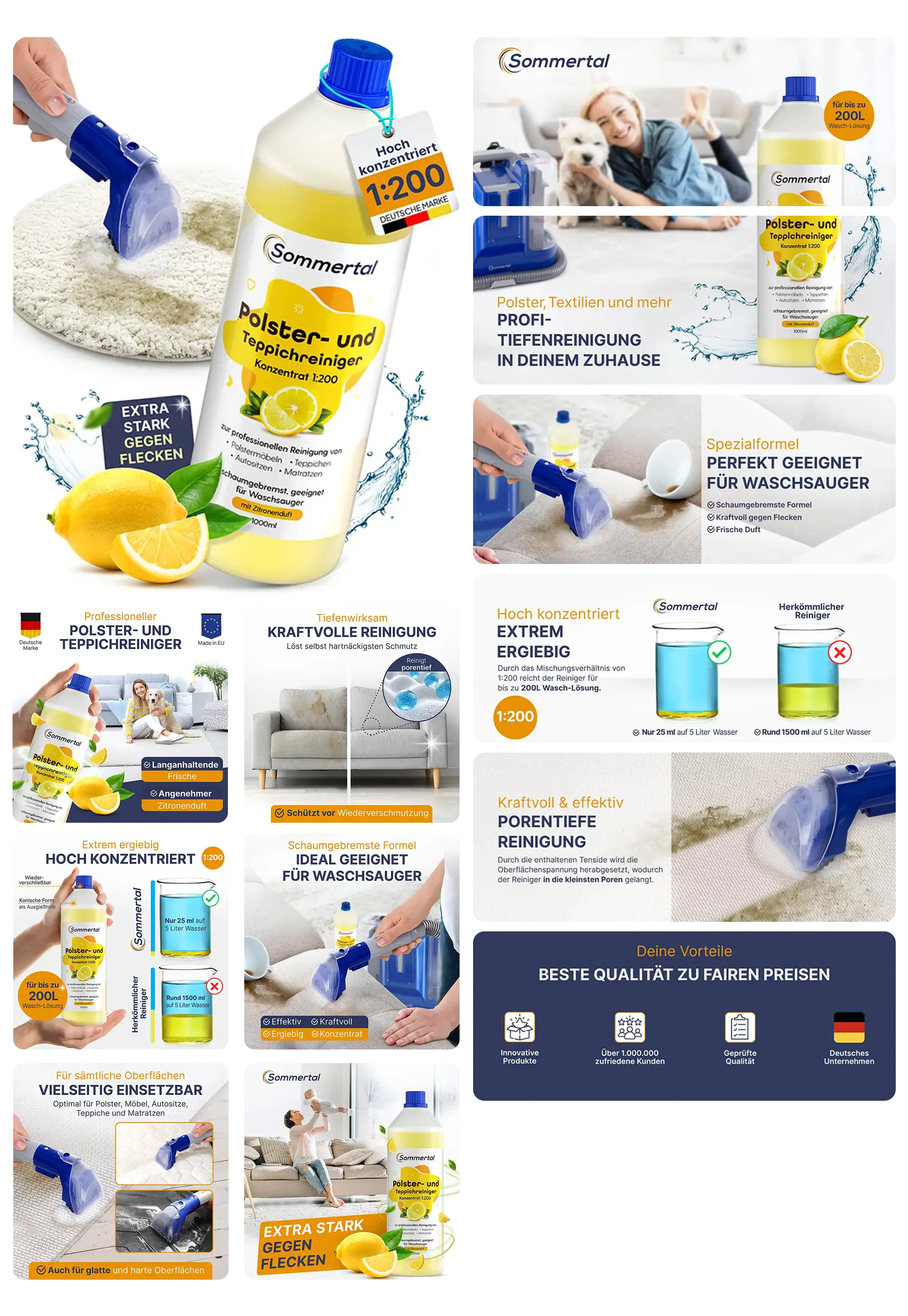 Bild eines Flaschenetiketts für Polster- und Teppichreiniger Konzentrat der Marke Sommertal mit Zitronenduft. Die Abbildungen zeigen die Anwendung des Produkts auf Polstern und Teppichen, die hohe Konzentration von 1:200 und die Wirksamkeit bei der Fleckenentfernung. Es wird betont, dass das Mittel für Waschsauger geeignet ist und eine kraftvolle, porentiefe Reinigung bietet.