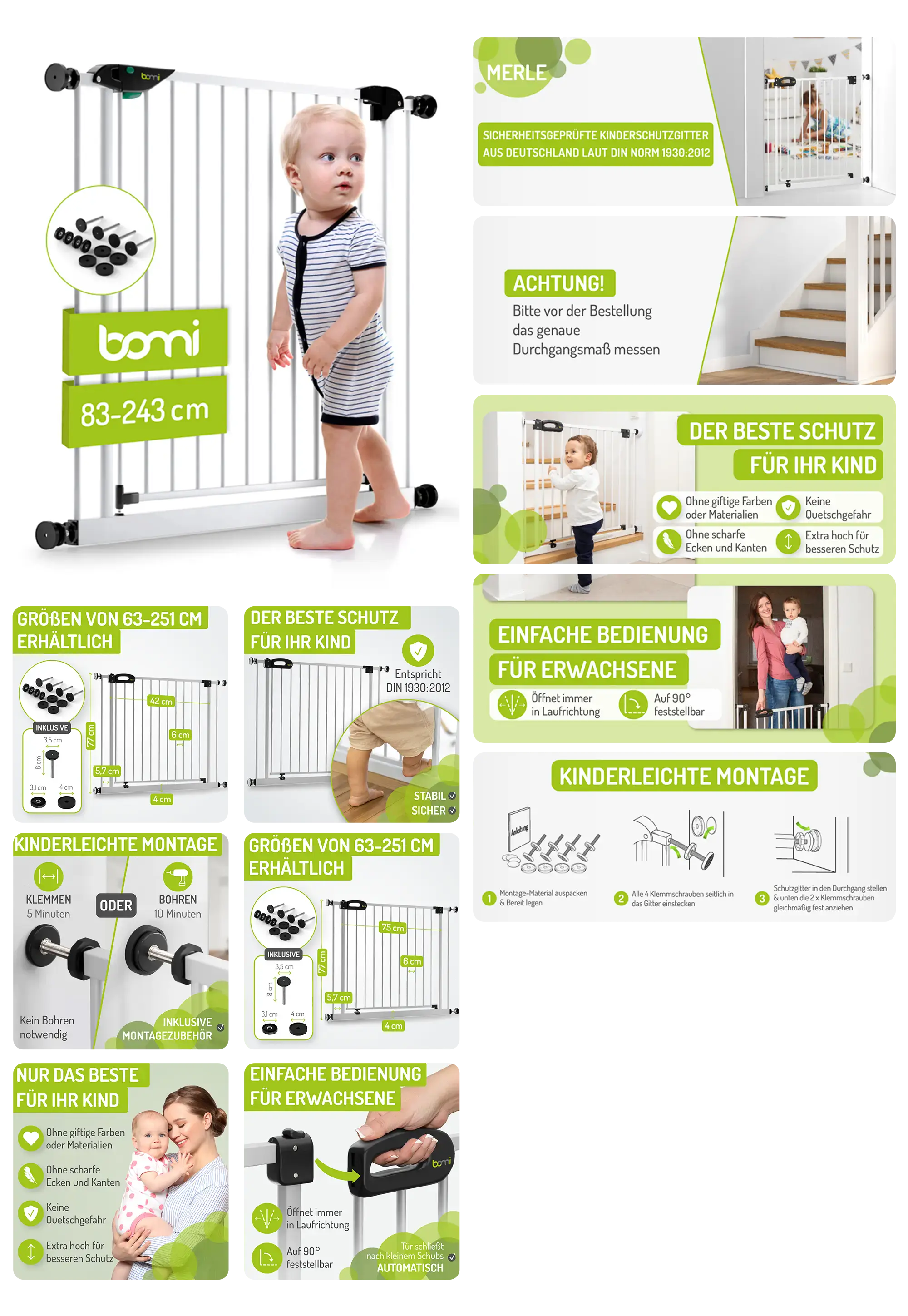 Bild eines weißen Treppenschutzgitters der Marke "tomi", das zur Sicherung von Treppen und Türen für Babys und Kleinkinder dient. Die Abbildungen zeigen das Produkt, seine Maße und die einfache, werkzeuglose Klemm-Montage. Ein Kind und eine Frau mit einem Baby demonstrieren die Anwendung des Gitters, um ein sicheres Zuhause zu schaffen.