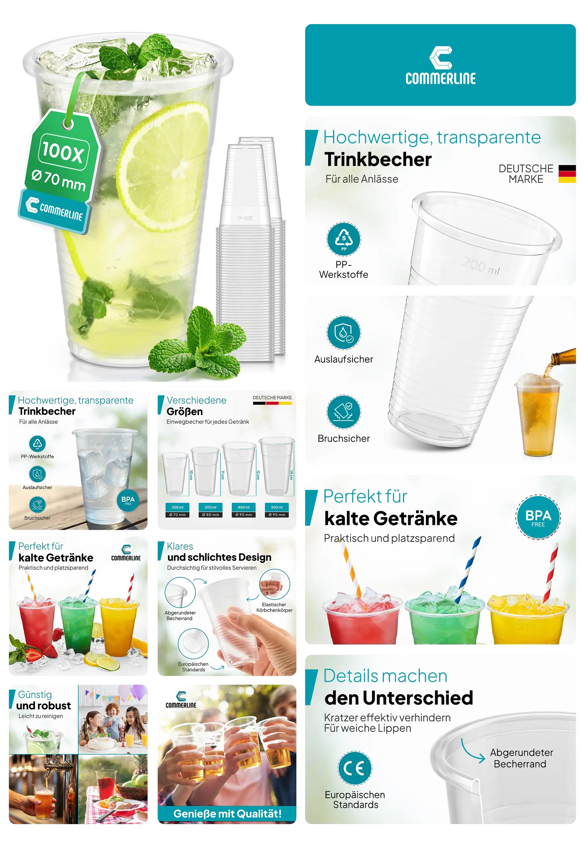 Bild von hochwertigen, transparenten Plastik-Trinkbechern. Die Abbildungen zeigen die Becher, die aus PP-Kunststoff gefertigt und bruchsicher sind, in verschiedenen Größen und mit unterschiedlichen Getränken, darunter Cocktails und Softdrinks, um ihre Vielseitigkeit für alle Anlässe zu demonstrieren. Details wie der abgerundete Becherrand und die kratzfreie Oberfläche werden hervorgehoben.