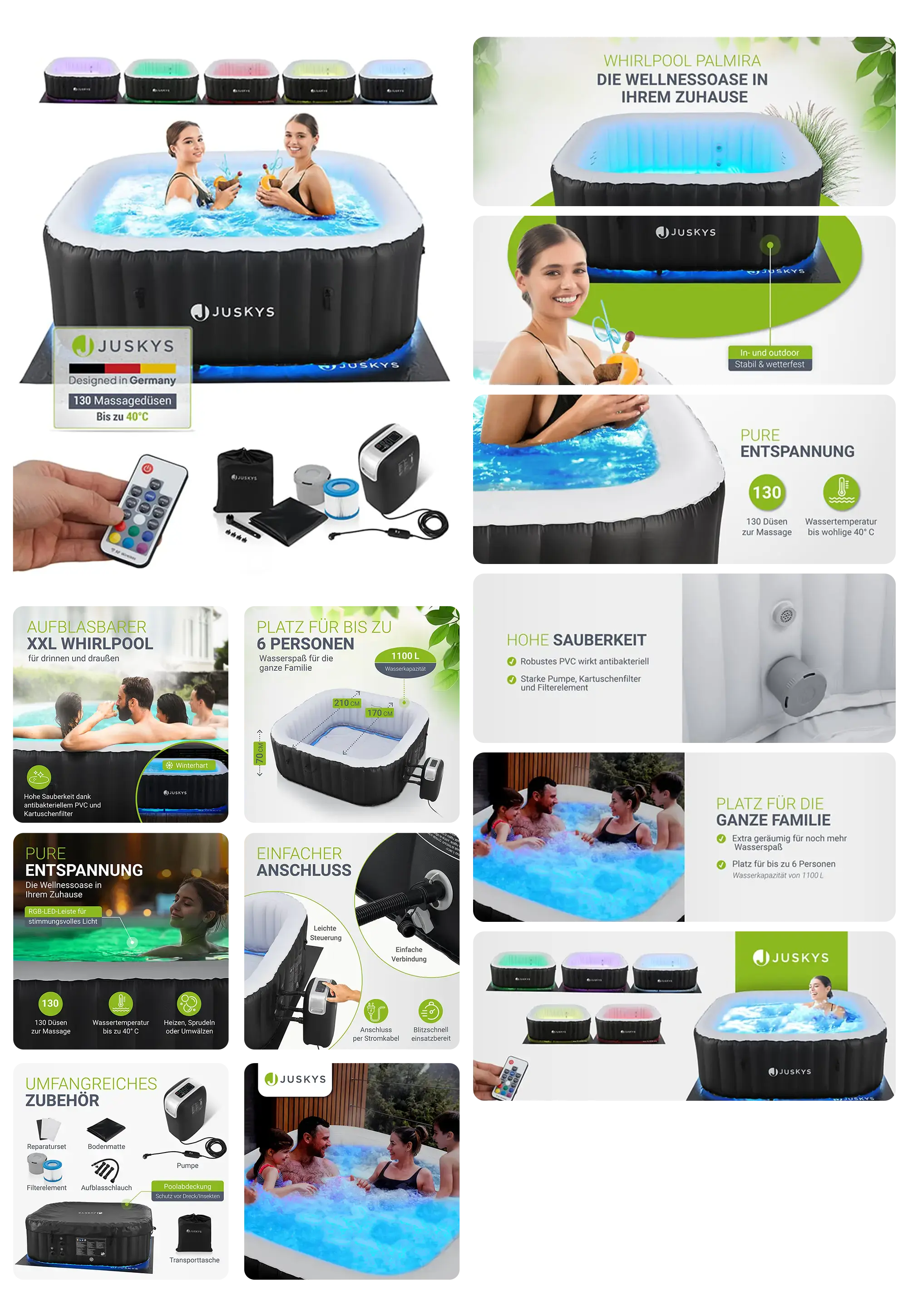 Bild eines aufblasbaren Whirlpools namens "Palmira" von Juskys, der für den Innen- und Außenbereich geeignet ist. Die Abbildungen zeigen das Produkt im Gebrauch durch mehrere Personen, die sich entspannen. Es werden Merkmale wie die 130 Massagedüsen, die LED-Beleuchtung, das Platzangebot für bis zu 6 Personen und das mitgelieferte Zubehör hervorgehoben.
