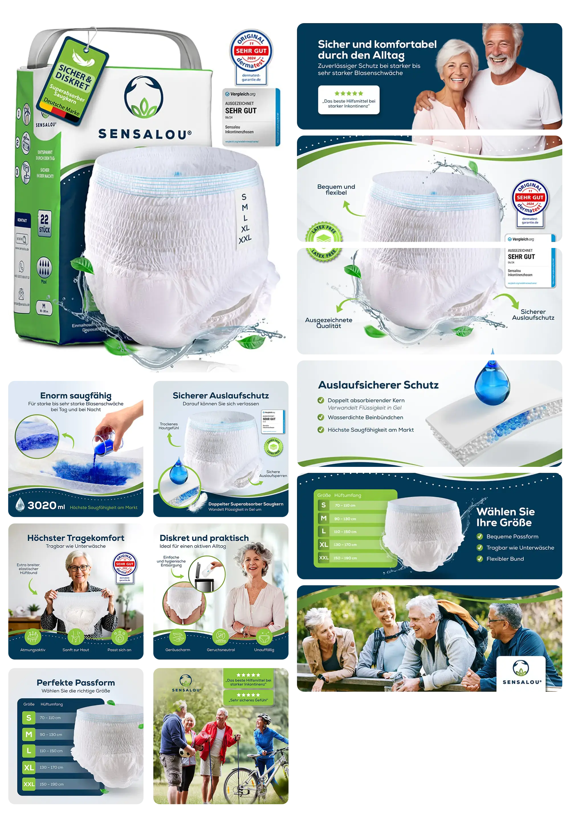 Bild eines Pakets mit Windel-Pants für Erwachsene der Marke Sensalou. Die Abbildungen zeigen das Produkt, das eine sichere und diskrete Lösung bei Inkontinenz darstellt. Es werden Merkmale wie die hohe Saugfähigkeit, der sichere Auslaufschutz, der Tragekomfort und die verschiedenen erhältlichen Größen hervorgehoben. Senioren in alltäglichen Situationen demonstrieren die Anwendungsbereiche des Produkts.