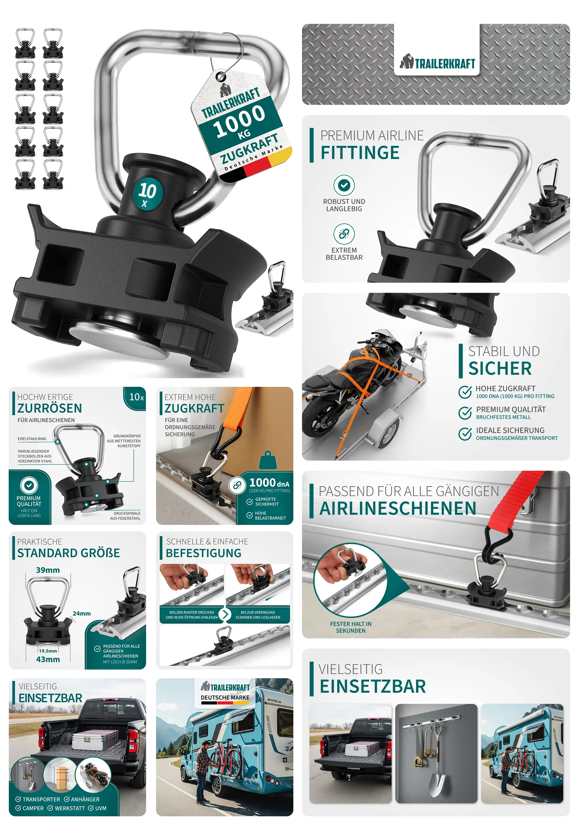 Zehn Premium Airline Zurrösen von TRAILERKRAFT mit 1000 kg Zugkraft, beworben als robuste, langlebige und extrem belastbare Fittings zur schnellen und sicheren Ladungssicherung in Transportern, Anhängern und Wohnmobilen