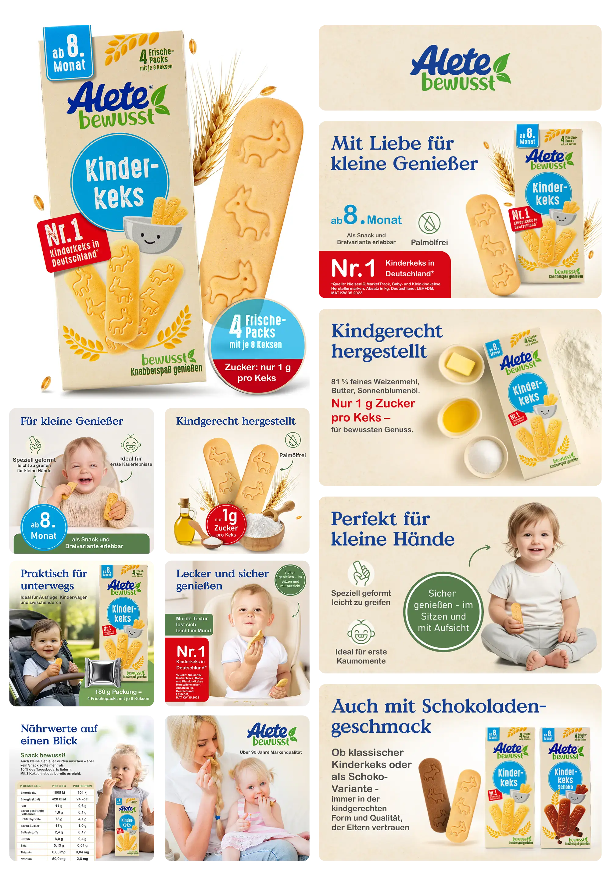 Packung Alete bewusst Kinderkeks, beworben als Nr. 1 Kinderkeks in Deutschland, geeignet ab dem 8. Monat, kindgerecht hergestellt mit nur 1g Zucker pro Keks, palmölfrei und ideal für kleine Hände