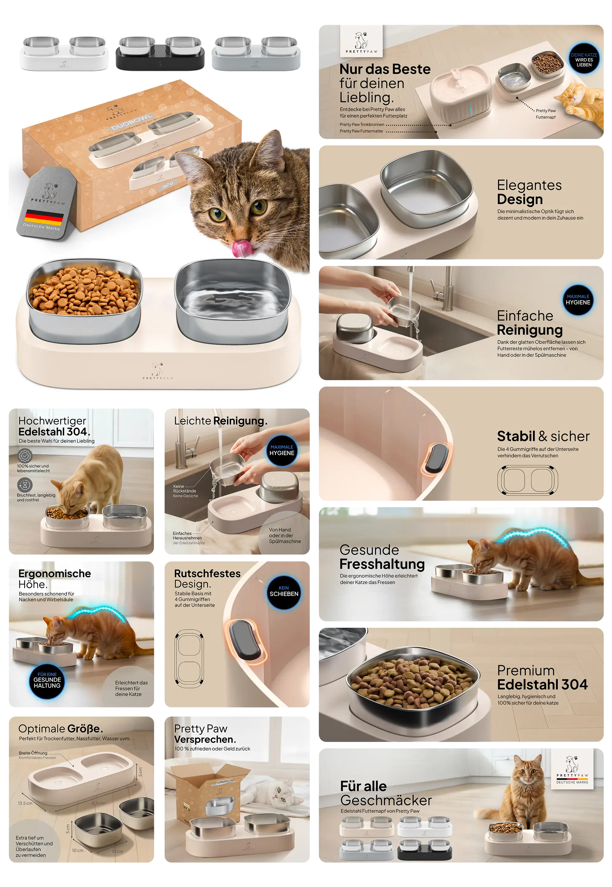 Doppel-Futternapf von KATZEHAUS mit ergonomisch erhöhter, rutschfester Basis und zwei herausnehmbaren Schalen aus Premium Edelstahl 304, beworben als hygienische Lösung für eine gesunde Fresshaltung der Katze