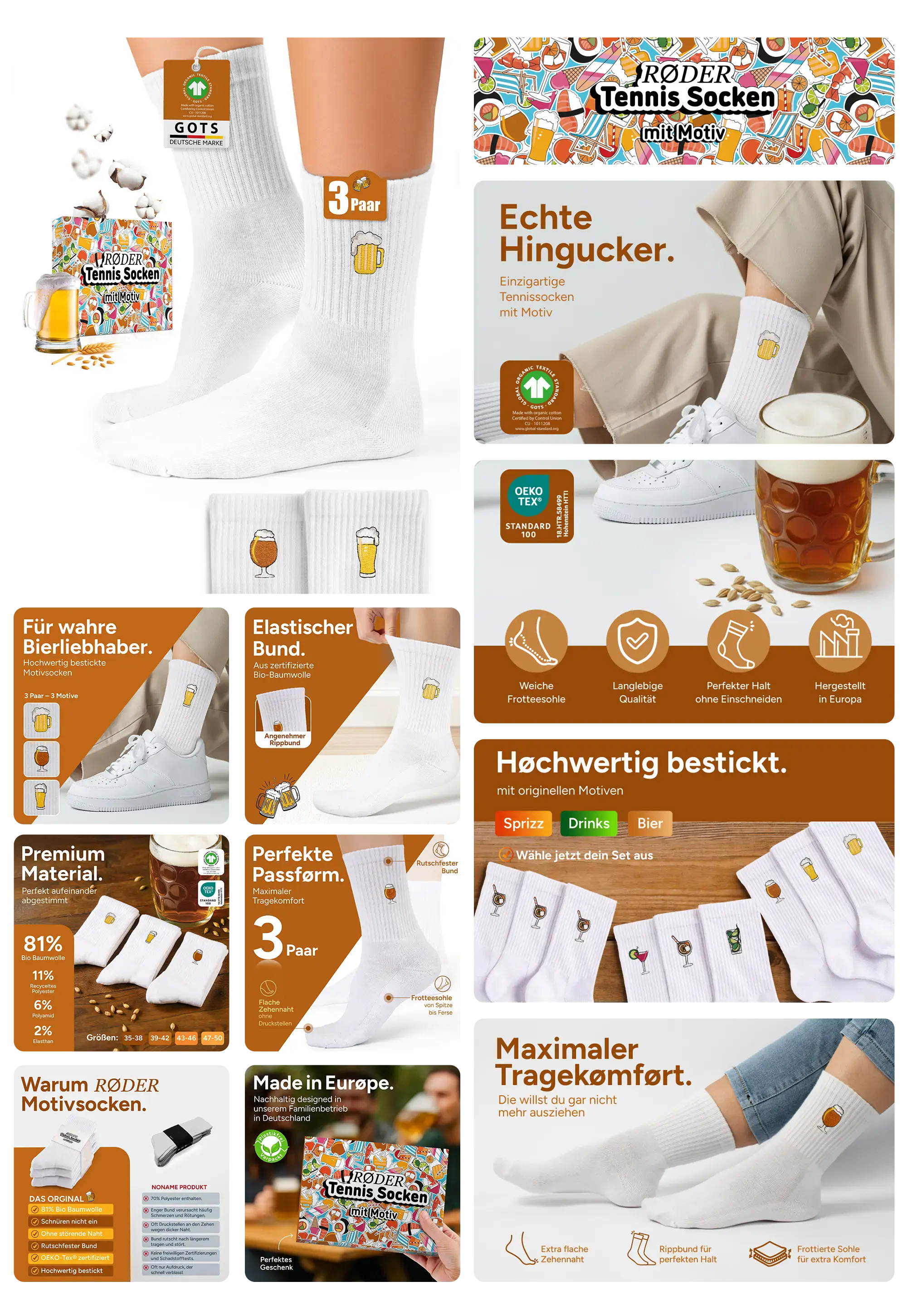 Drei Paar weiße, GOTS-zertifizierte RØDER Tennissocken (Motivsocken) mit hochwertiger Stickerei eines Bierkrugs, beworben als bequeme, langlebige Socken aus Bio-Baumwolle mit maximalem Tragekomfort, hergestellt in Europa