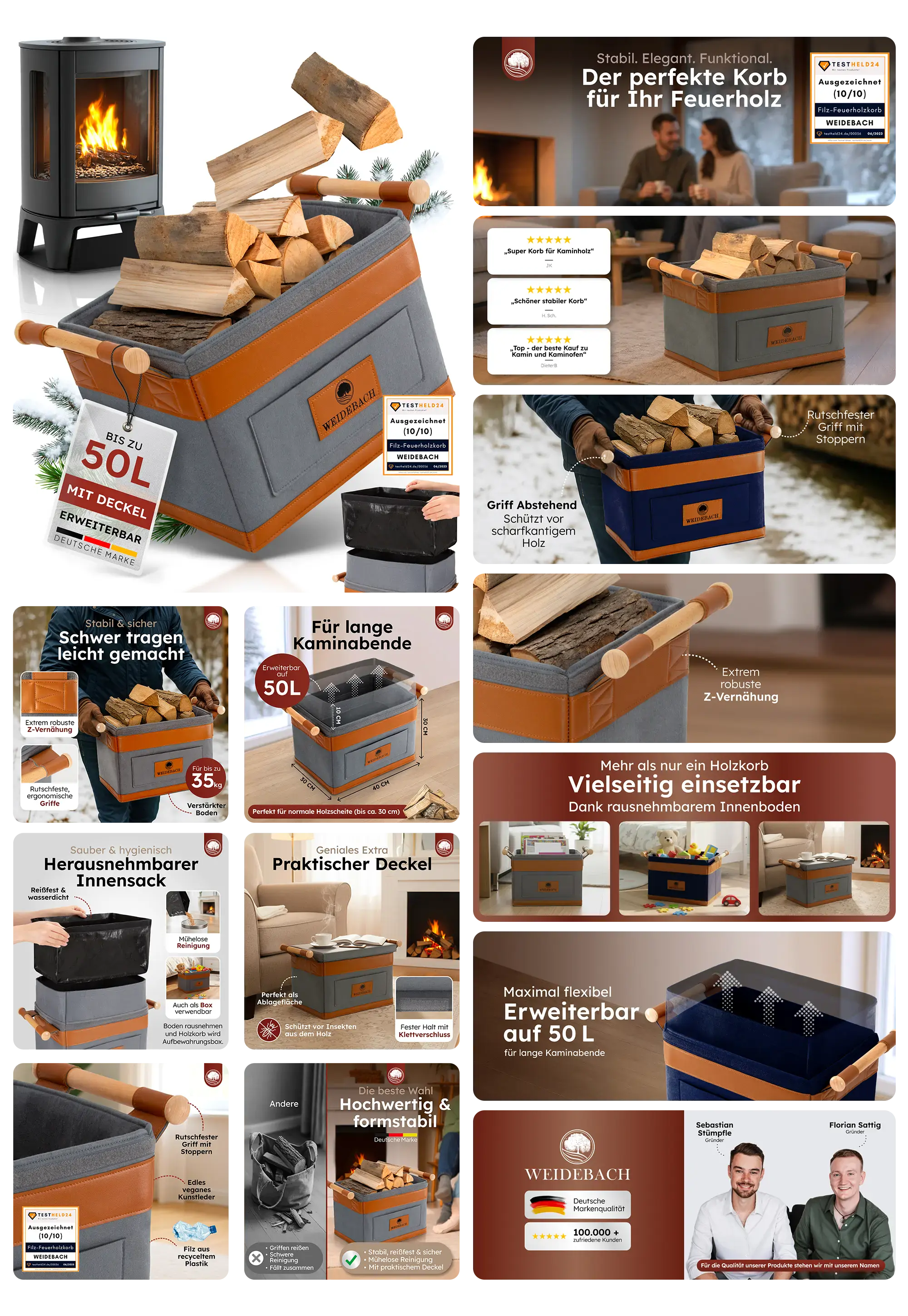 Grau-orangener, faltbarer WEIDEBACH Holzkorb für Kaminholz (bis zu 50 Liter) mit stabilen Holzgriffen und herausnehmbarem Innensack, beworben als elegante, robuste und flexible Lösung zur Lagerung und zum Transport von Brennholz