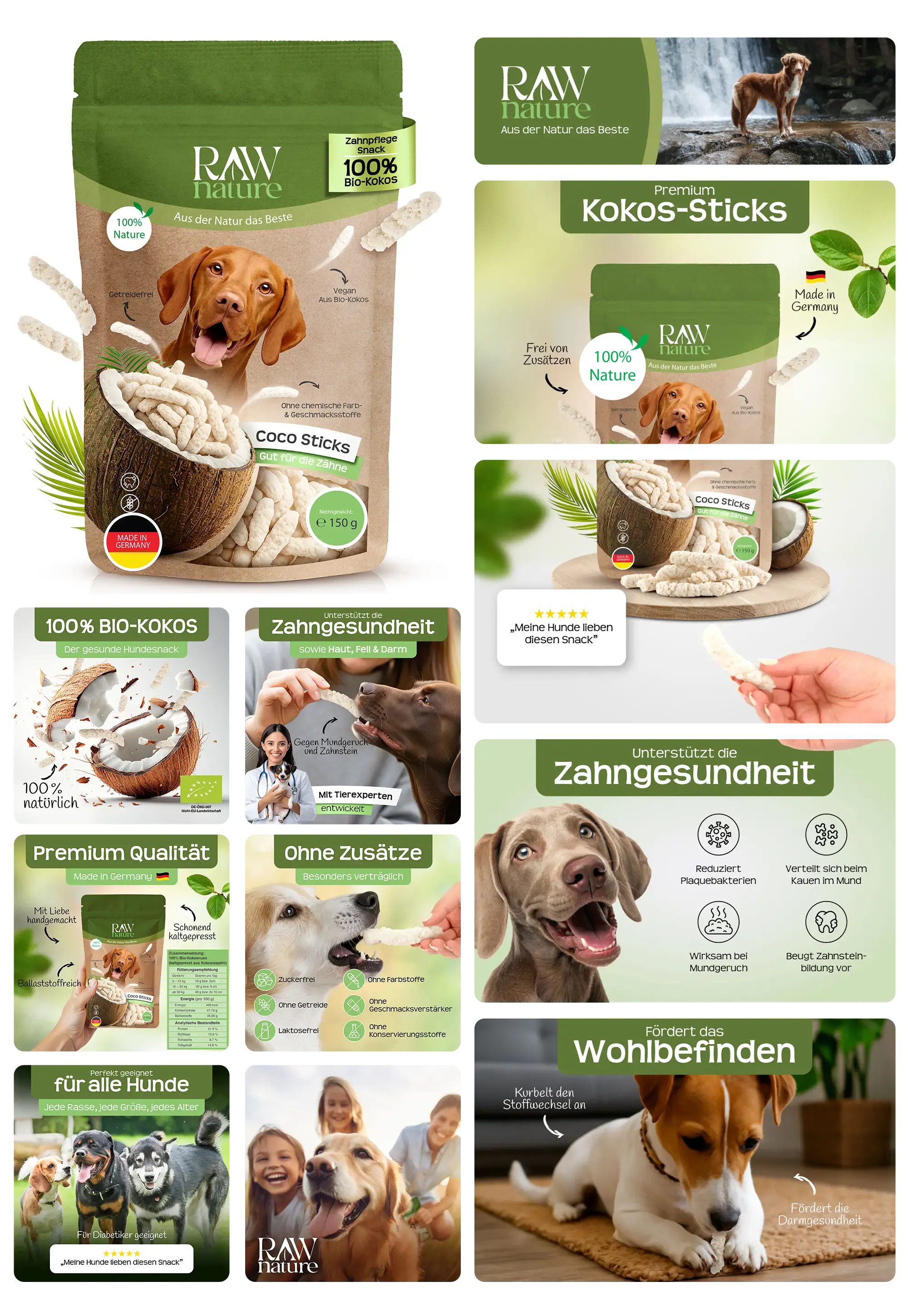 Tüte RAW Nature Premium Kokos-Sticks für Hunde, beworben als 100% natürlicher und veganer Hundesnack aus Bio-Kokos, der zur Unterstützung der Zahngesundheit und Reduzierung von Plaque beiträgt, hergestellt in Deutschland