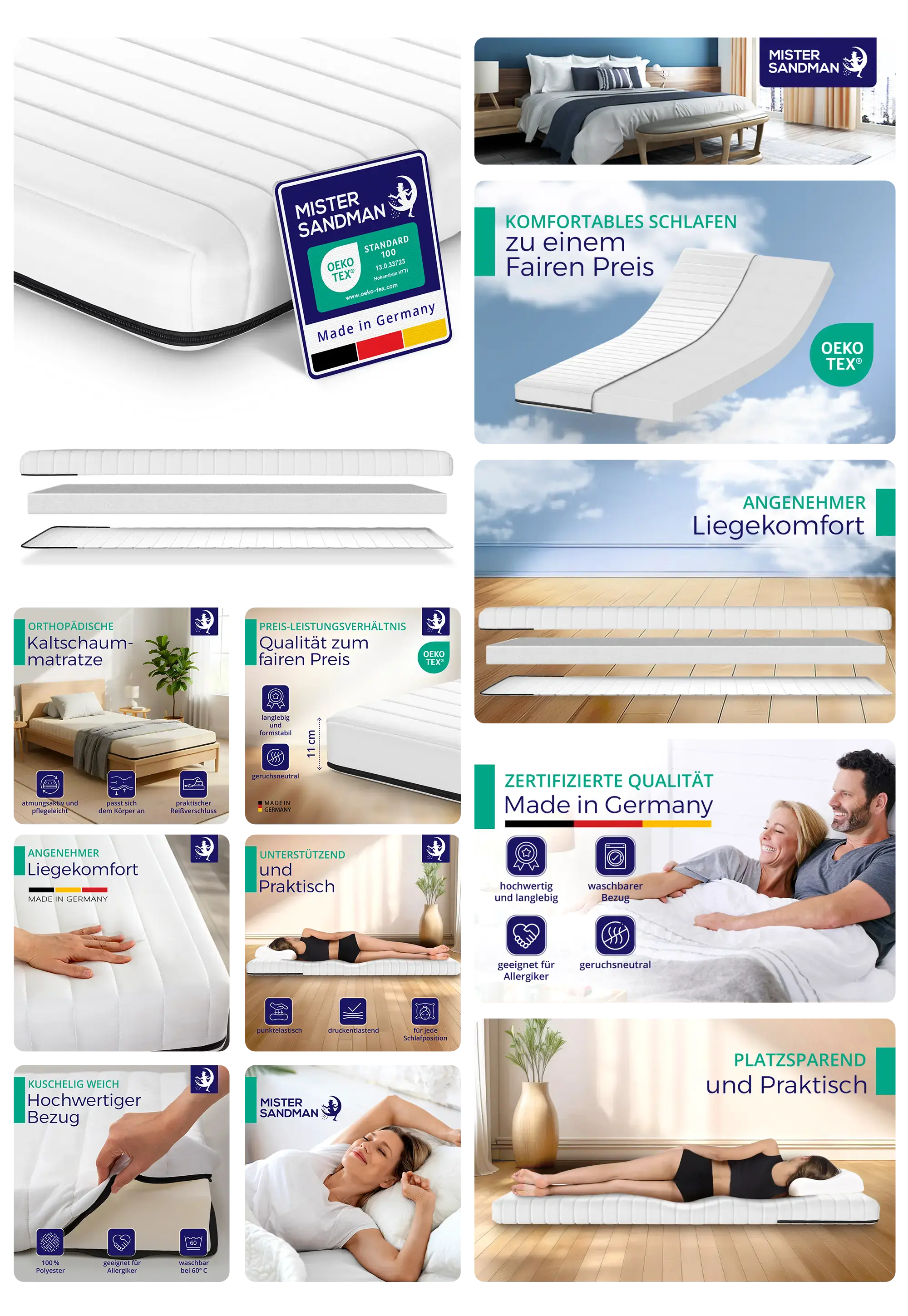 Weiße, orthopädische MISTER SANDMAN Kaltschaummatratze (Made in Germany) mit waschbarem, Oeko-Tex-zertifiziertem Bezug, beworben für angenehmen Liegekomfort und ein faires Preis-Leistungs-Verhältnis