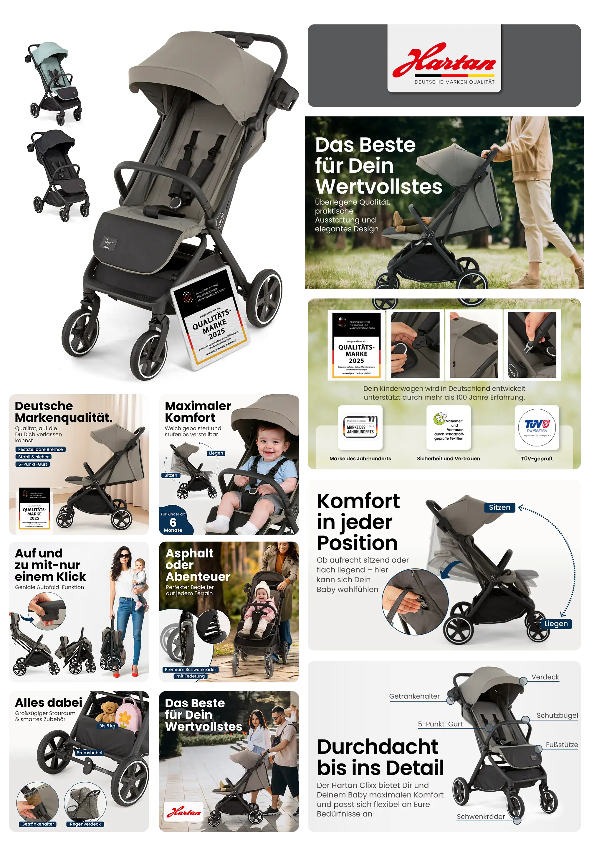 Grauer, zusammenklappbarer HARTAN Kinderwagen (Sportwagen), beworben als Premium-Markenprodukt mit maximalem Komfort und eleganter Design-Qualität, geeignet für Babys ab 6 Monaten mit Sitz- und Liegeposition