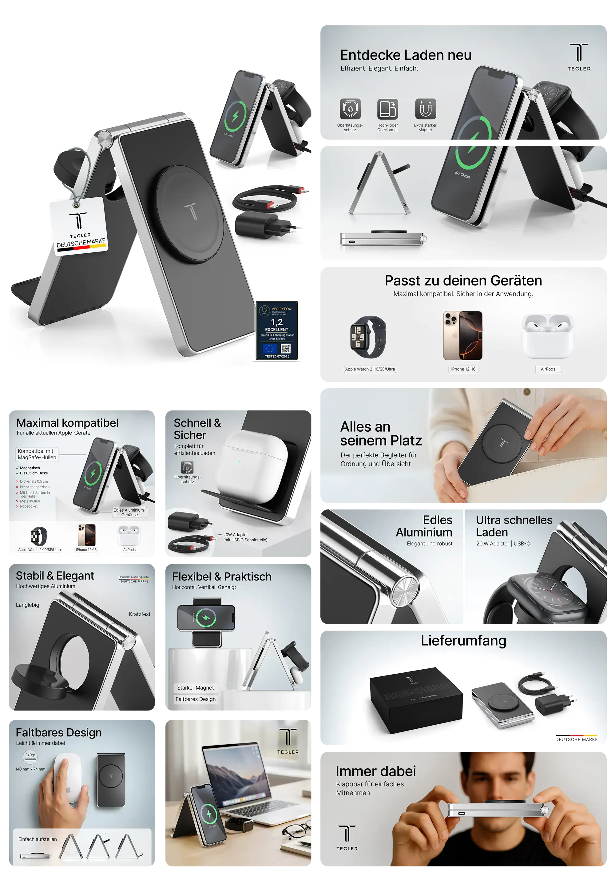 Faltbare, silberne TEGLER 3-in-1 MagSafe Ladestation Model 2 aus Aluminium, beworben für schnelles und sicheres kabelloses Laden von iPhone, Apple Watch und AirPods, ideal für Reisen und Schreibtisch dank elegantem und kompaktem Design