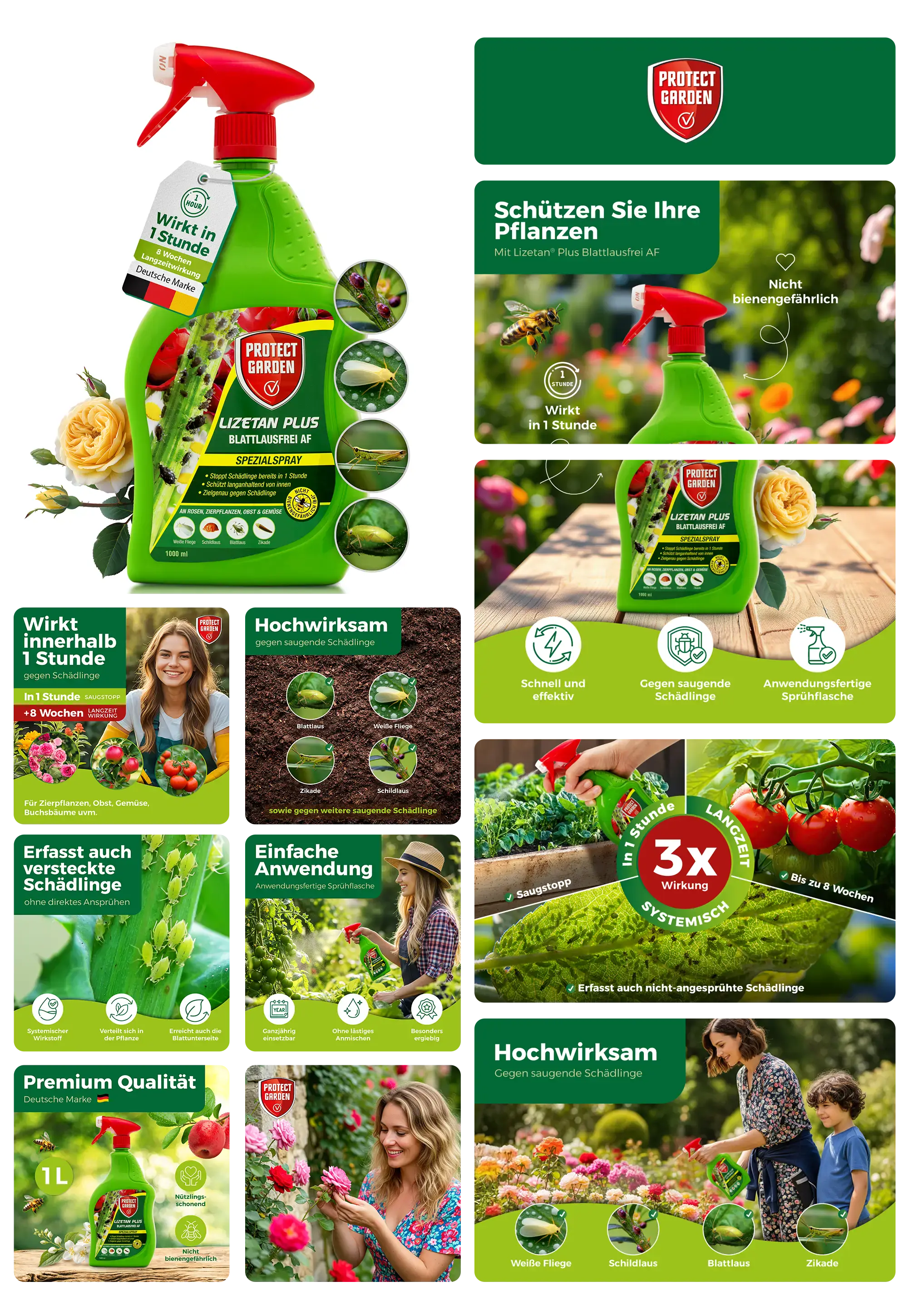 Grüne Lizetan Plus Schädlingsfrei AF Sprühflasche von Protect Garden, beworben für hochwirksame, systemische und lang anhaltende Bekämpfung saugender Schädlinge an Zierpflanzen und Gemüse mit Wirkung innerhalb 1 Stunde