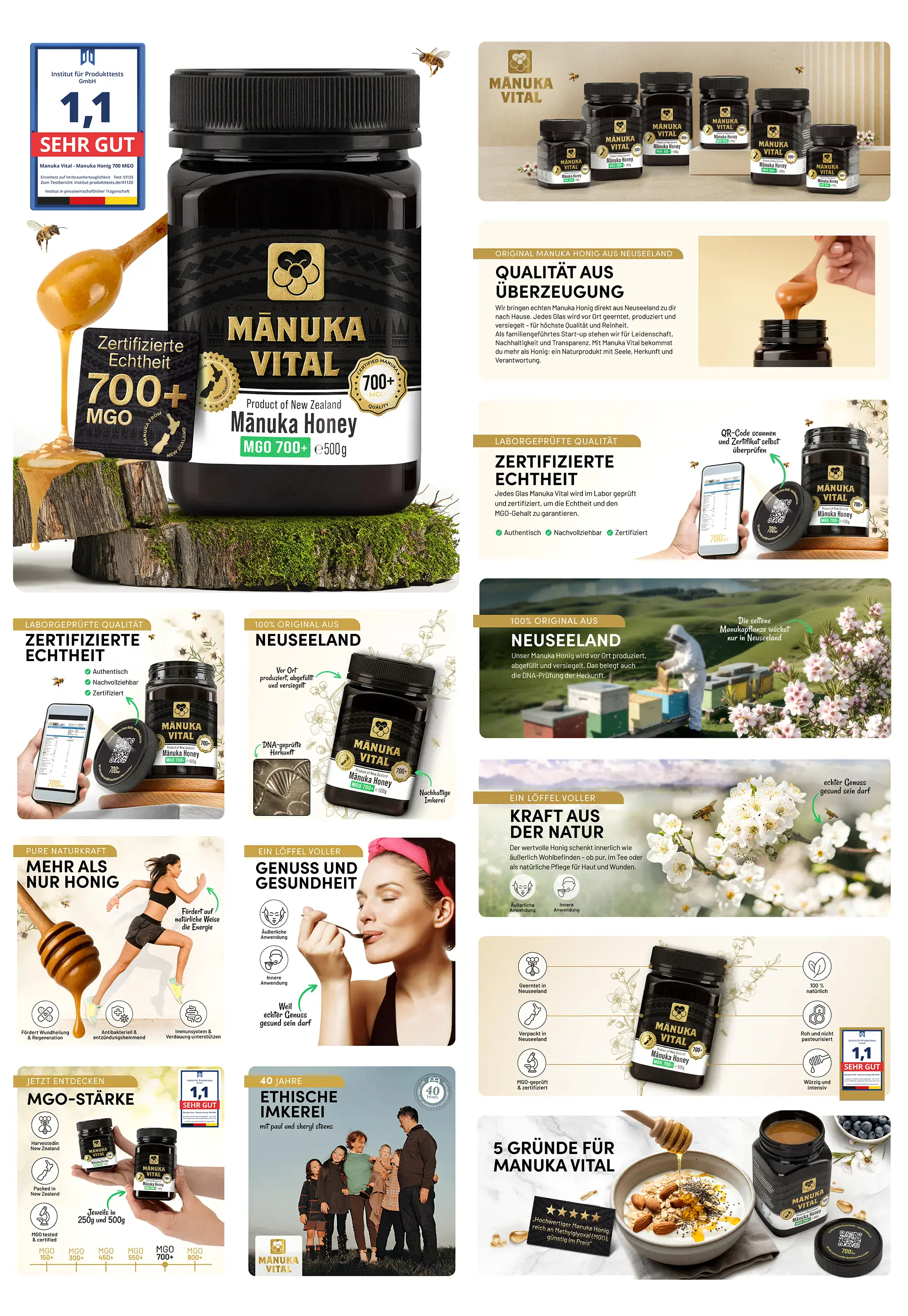 Dunkles Glas mit MĀNUKA VITAL Manuka Honey MGO 700+ (500g) aus Neuseeland, beworben als 100% Original, zertifizierter und laborgeprüfter Premium Honig für Genuss und Gesundheit