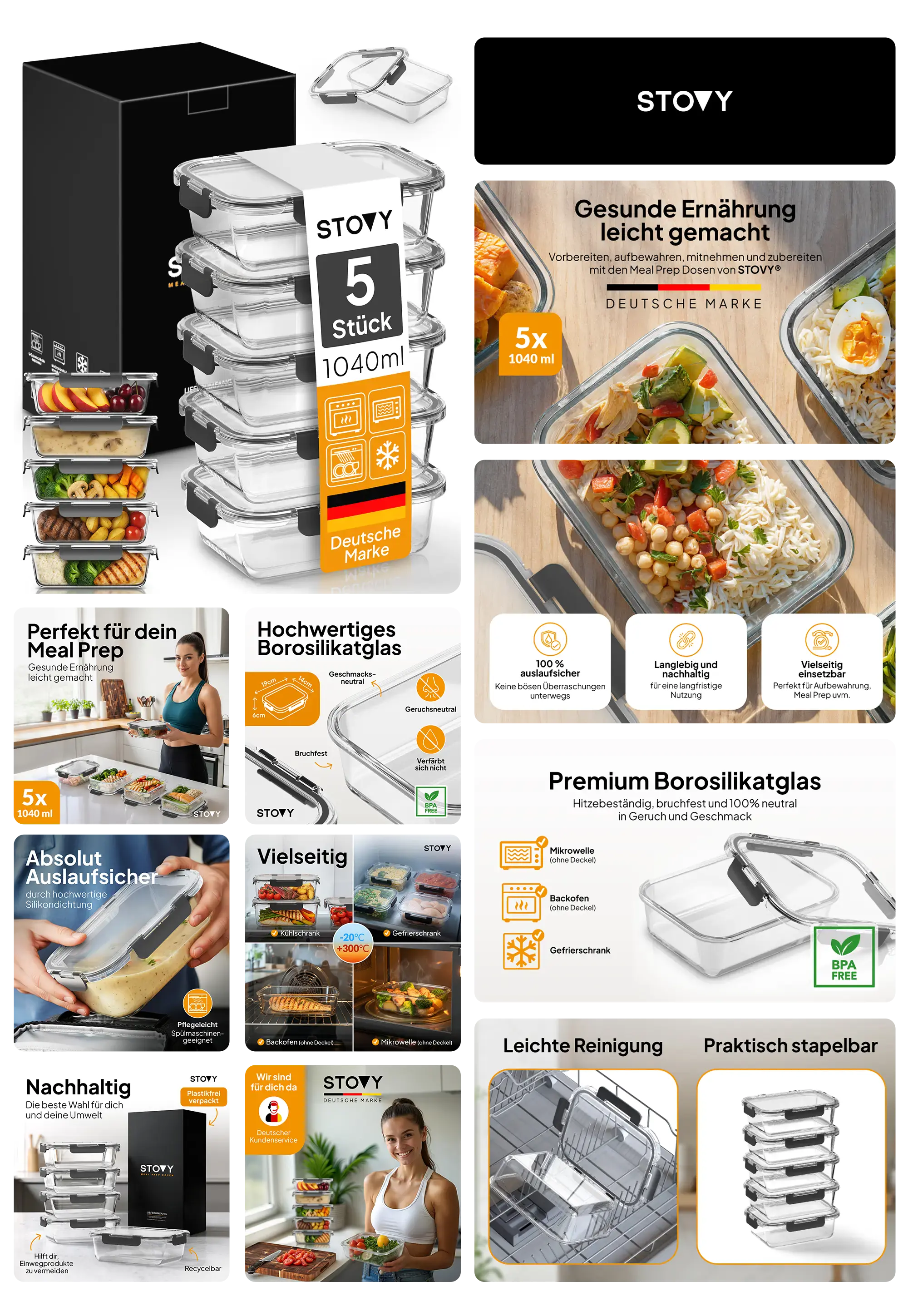 Fünf rechteckige STOVY Meal Prep Boxen (1040 ml) aus Premium Borosilikatglas mit transparenten Deckeln, beworben als hitzebeständige und bruchfeste Vorratsdosen für die gesunde Essensvorbereitung und vielseitige Aufbewahrung