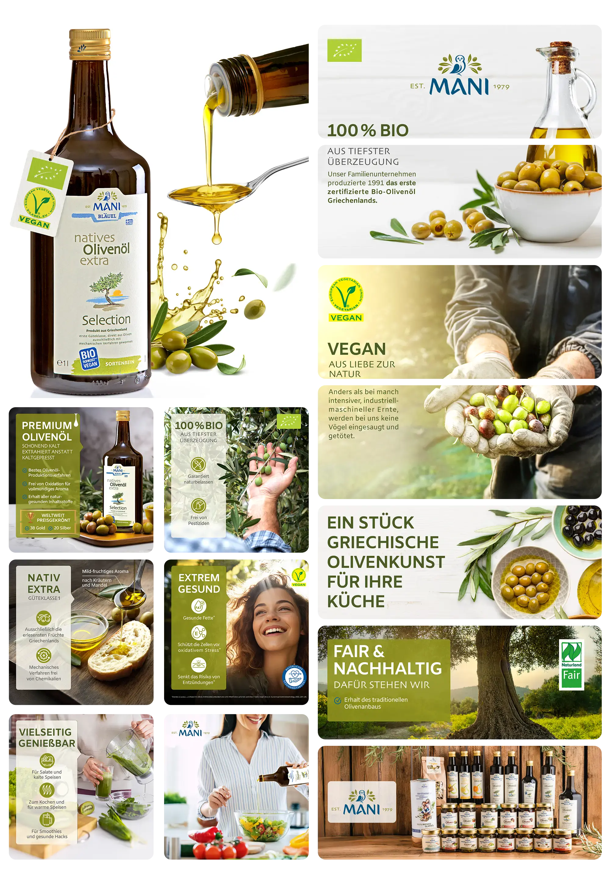 Dunkle 1-Liter-Flasche MANI Natives Olivenöl Extra (Selection) mit goldenem Verschluss, beworben als 100% biologisches, veganes und natives Olivenöl extra aus nachhaltiger, griechischer Olivenkultur