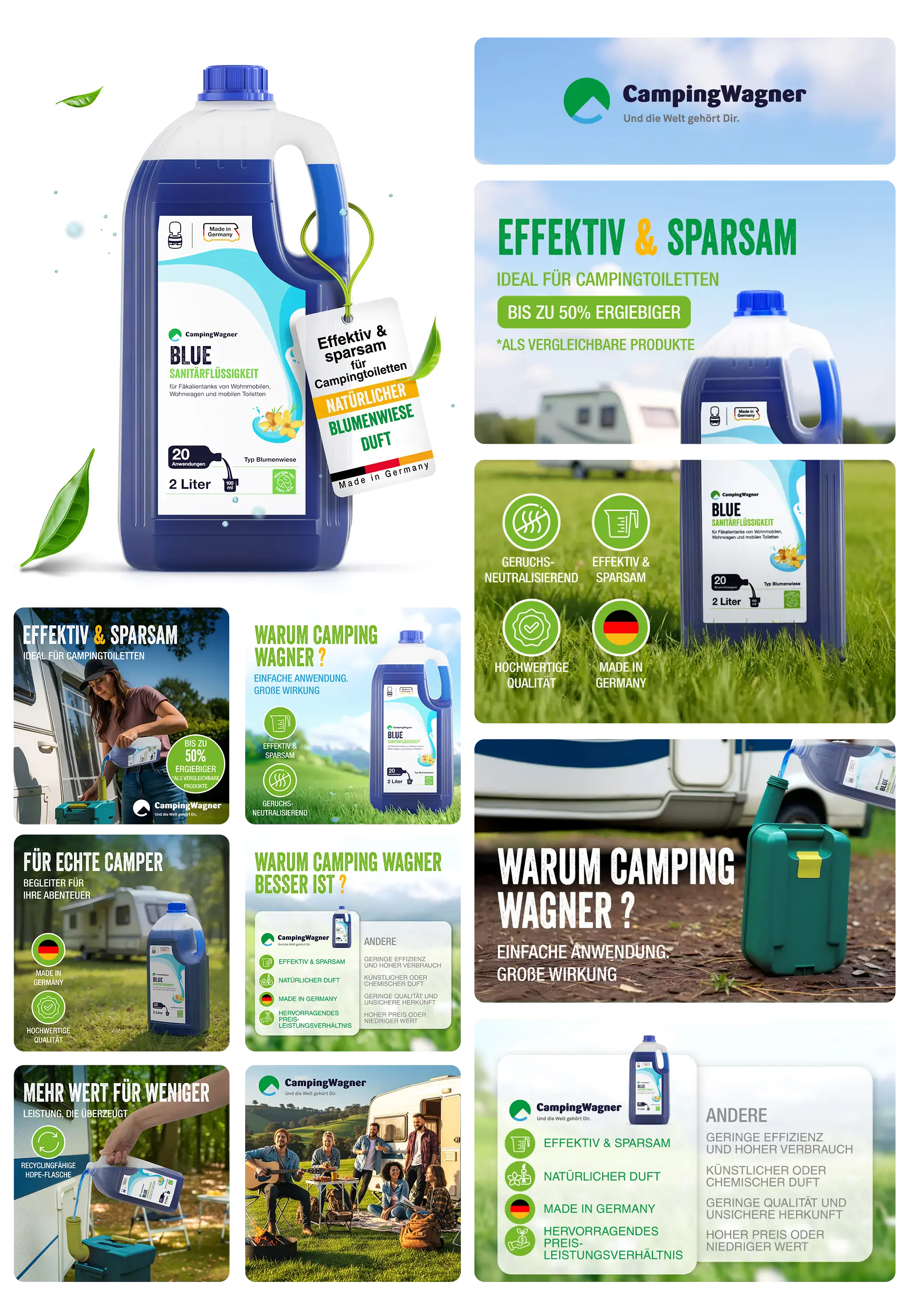 2-Liter-Flasche CampingWagner Sanitärflüssigkeit Blue mit natürlichem Blumenduft, beworben als effektive, sparsame und geruchsneutralisierende Toilettenflüssigkeit für Chemietoiletten und mobile Campingtoiletten