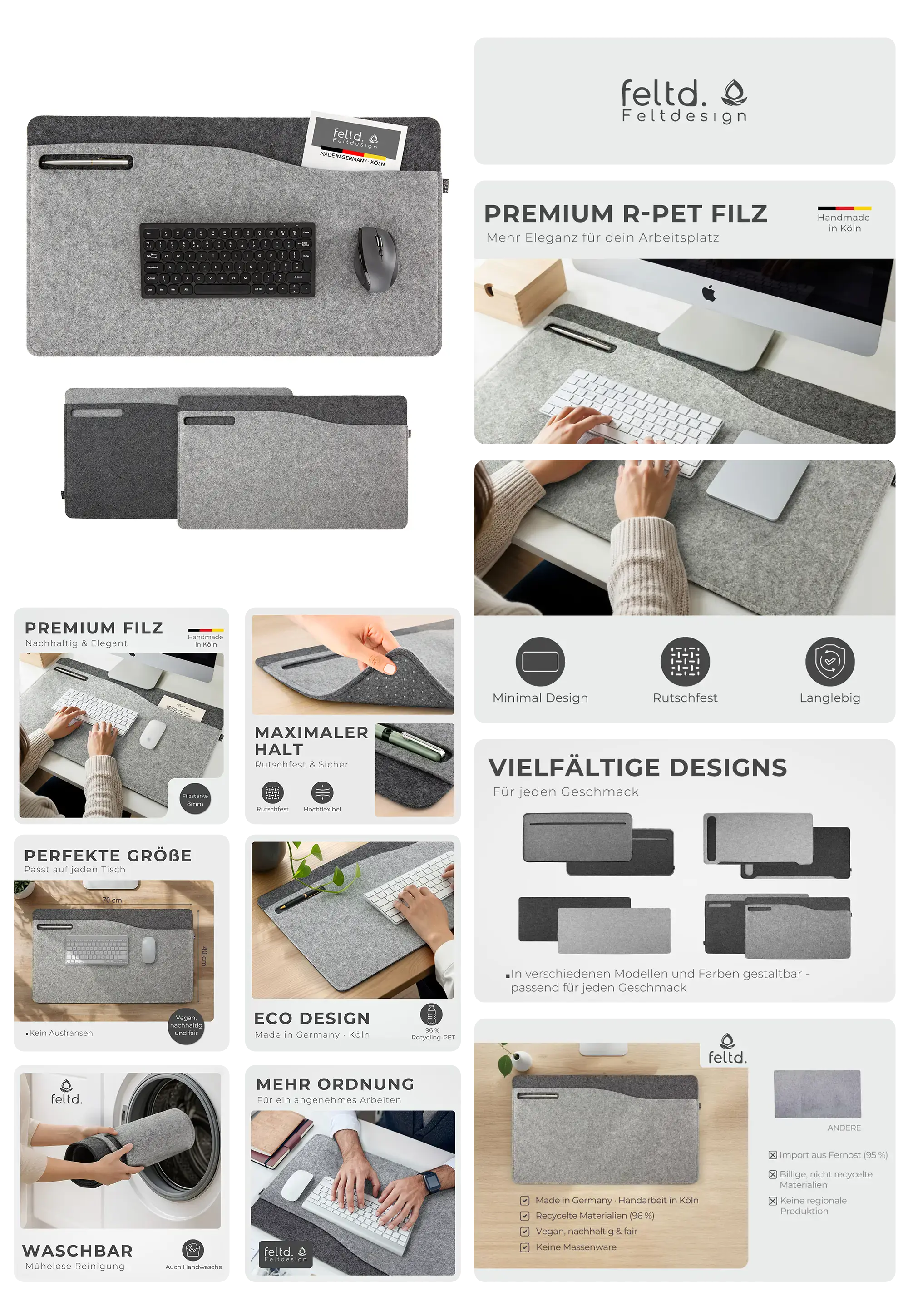 Graue, rechteckige Schreibtischunterlage aus Premium R-PET Filz von feltd., beworben für mehr Eleganz und Organisation auf dem Arbeitsplatz, mit rutschfester Unterseite und der Möglichkeit zur maschinellen Reinigung