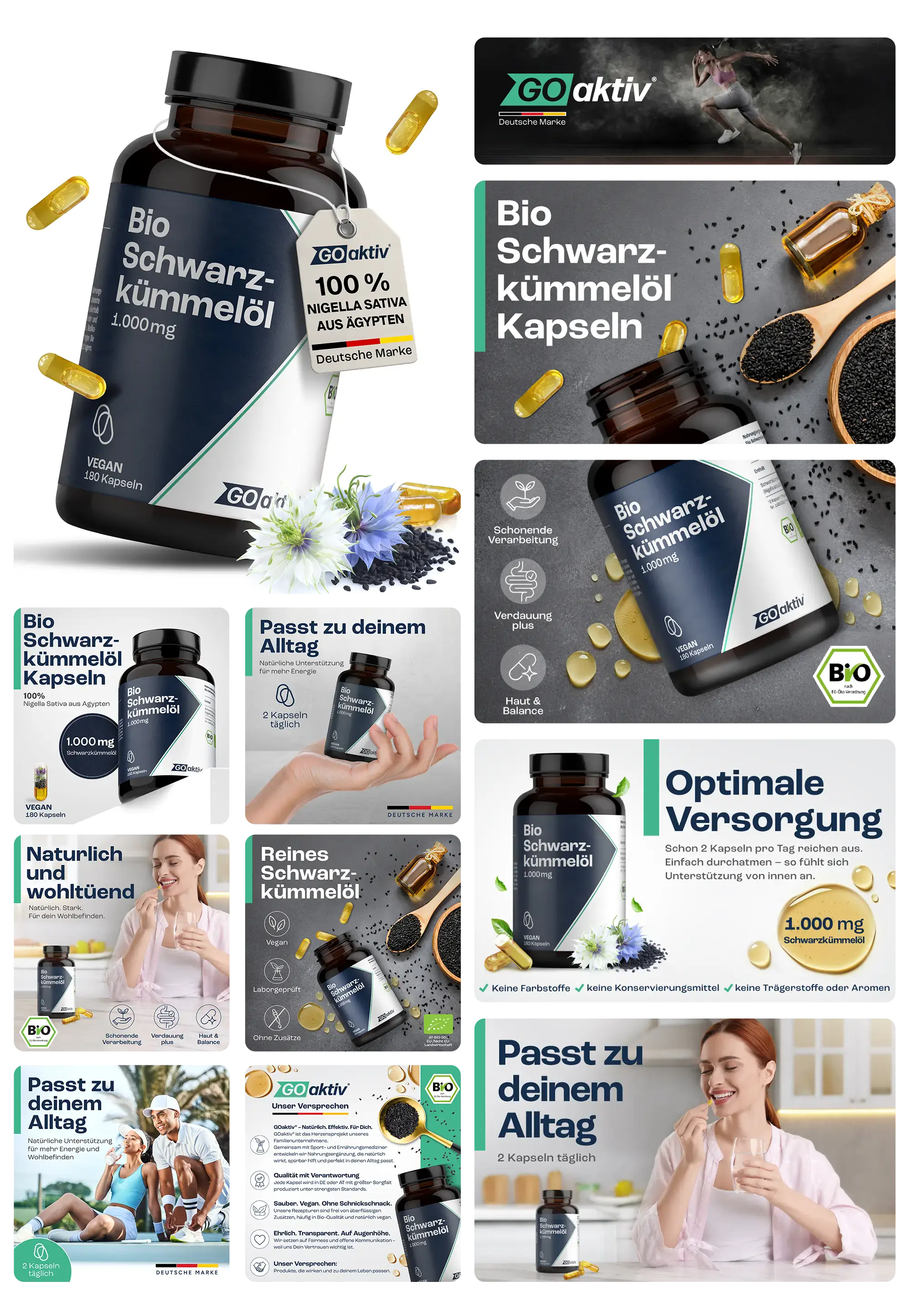 Braunes Glas mit veganen GO'AKTIV Bio-Schwarzkümmelöl-Kapseln (1.000 mg), beworben für die optimale Versorgung und als reines Schwarzkümmelöl aus Ägypten, zur Unterstützung von Verdauung und Haut