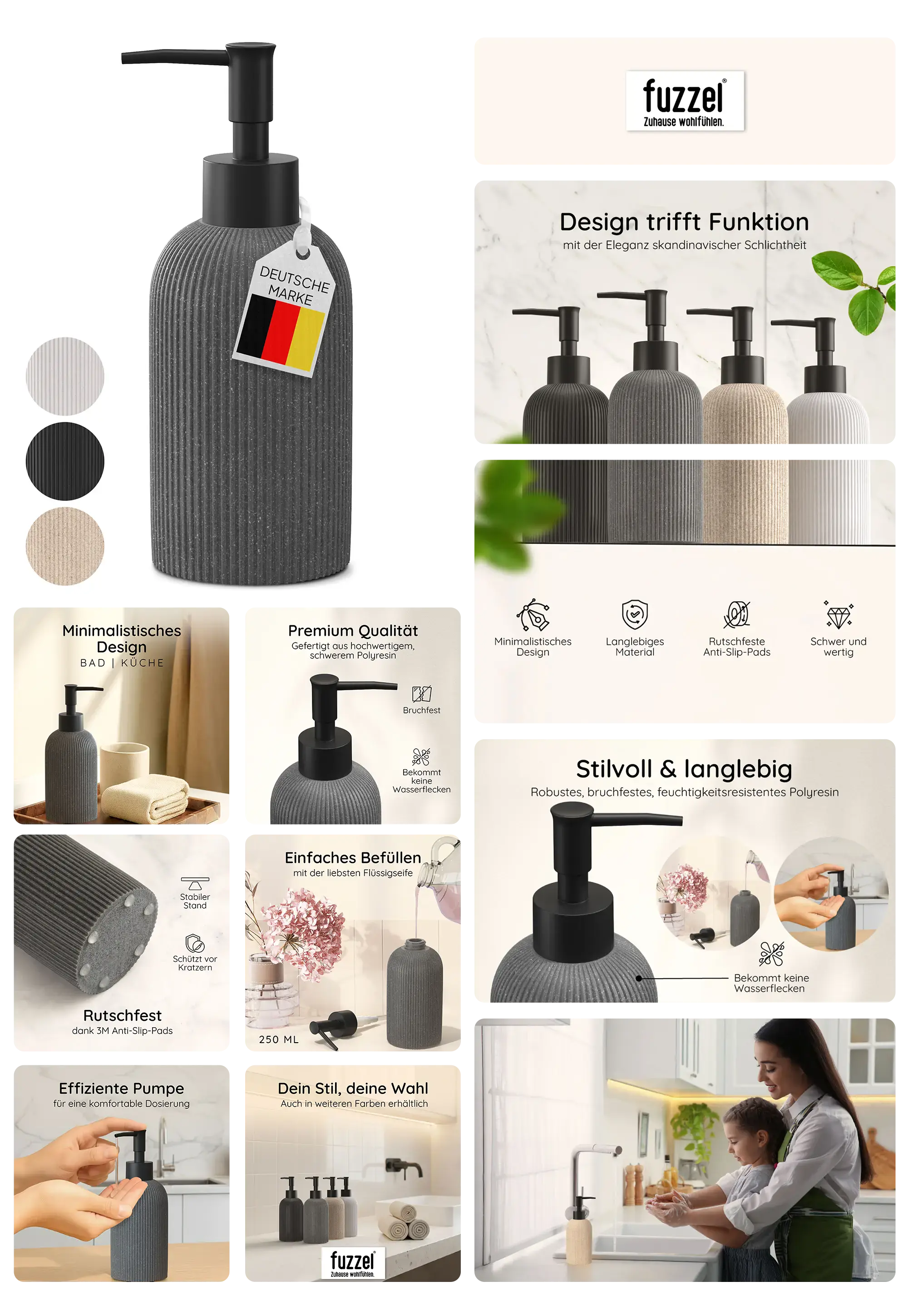 Grauer, gerillter fuzzel Seifenspender aus bruchfestem Polyresin mit schwarzem Pumpkopf, beworben für ein minimalistisches, skandinavisches Design, einfache Dosierung und einen rutschfesten Stand dank Anti-Slip-Pads