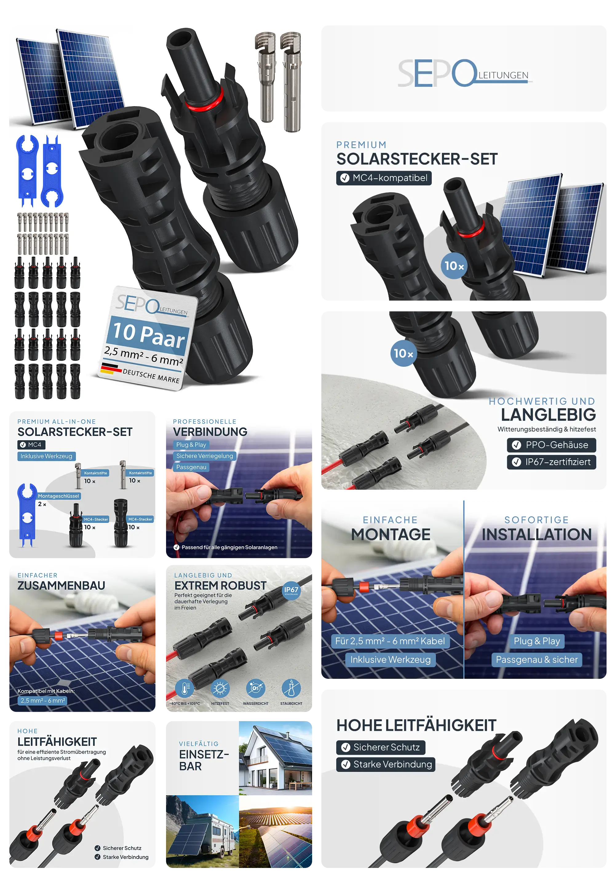 SEP0-Leitungen Premium Solarstecker-Set (10 Paare MC4-kompatibel) inklusive Werkzeug, beworben für die einfache, extrem robuste und langlebige Verbindung von Solaranlagen mit hoher Leitfähigkeit und IP67-Zertifizierung