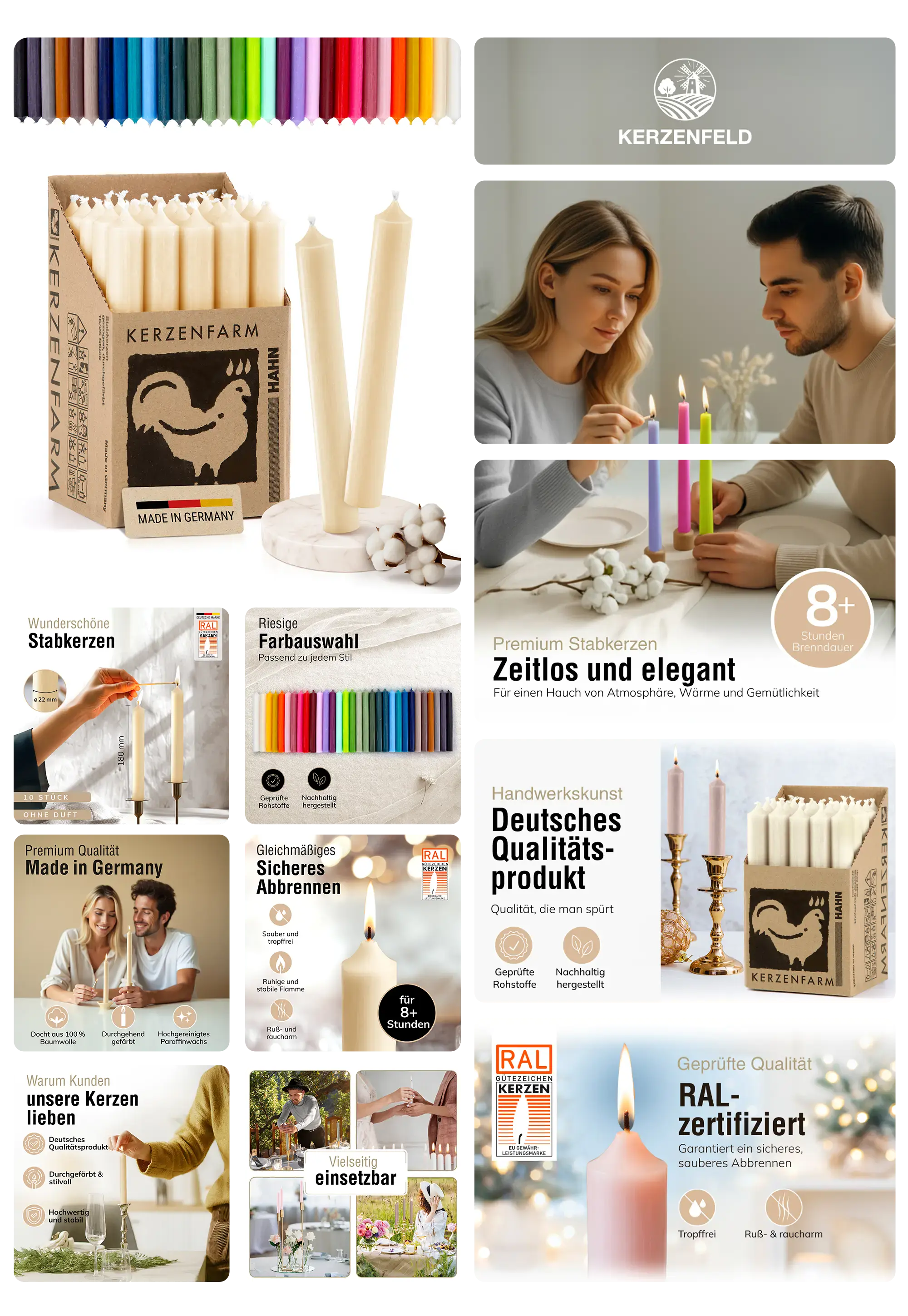 Mehrere weiße und farbige (z.B. Pink, Lila, Grün) KERZENFELD Premium Stabkerzen, beworben als RAL-zertifiziertes, Deutsches Qualitätsprodukt mit 8+ Stunden Brenndauer, das garantiert tropffrei, ruß- und raucharm für zeitlose Eleganz sorgt