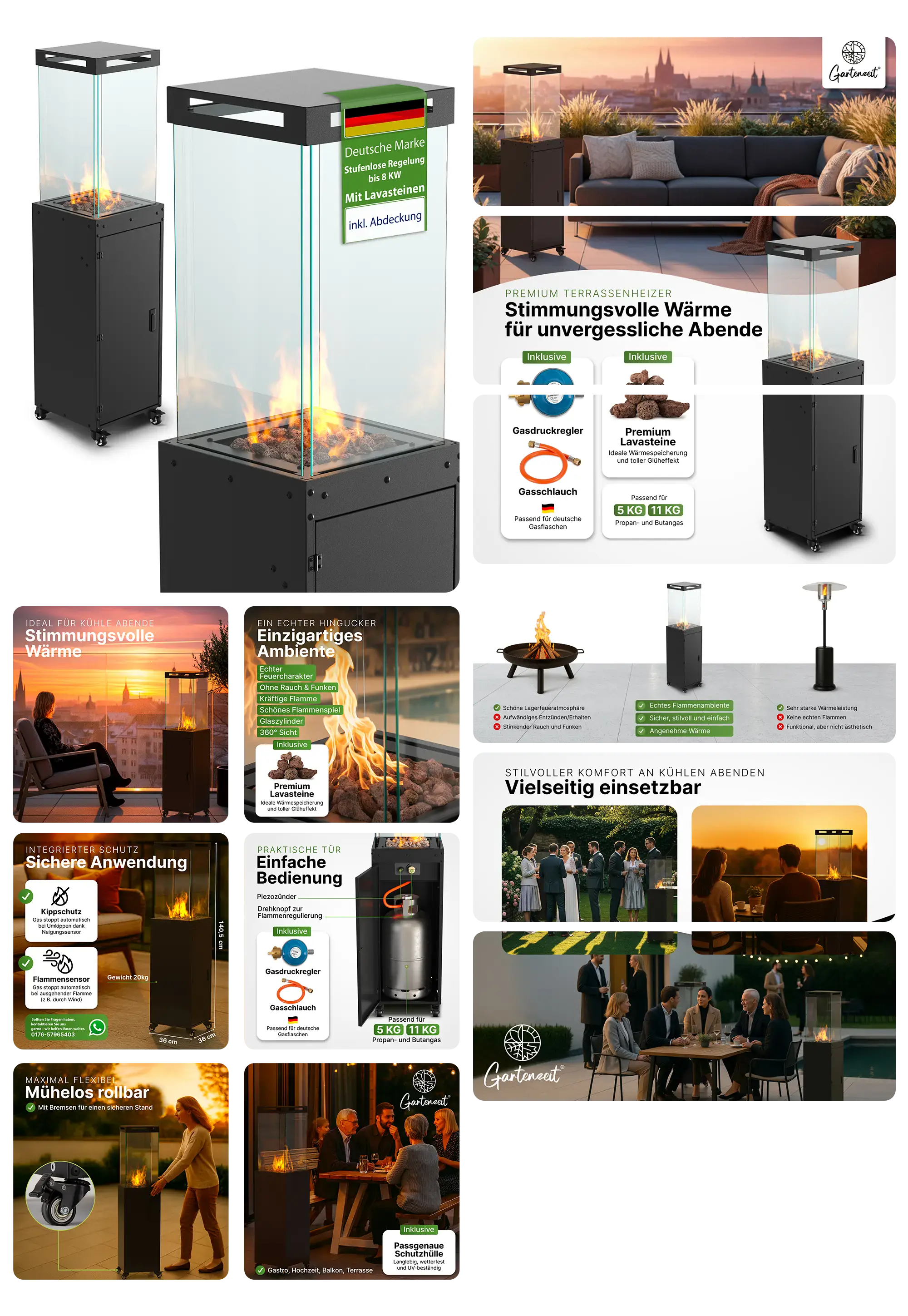 Schwarzer Gartencaot Premium Terrassenheizer mit Glaskamin und sichtbaren Lavasteinen, beworben als stimmungsvolle Gas-Feuerstelle mit bis zu 8 kW Leistung für unvergessliche Abende auf der Terrasse, ausgestattet mit Kippsicherung und Gasdruckregler