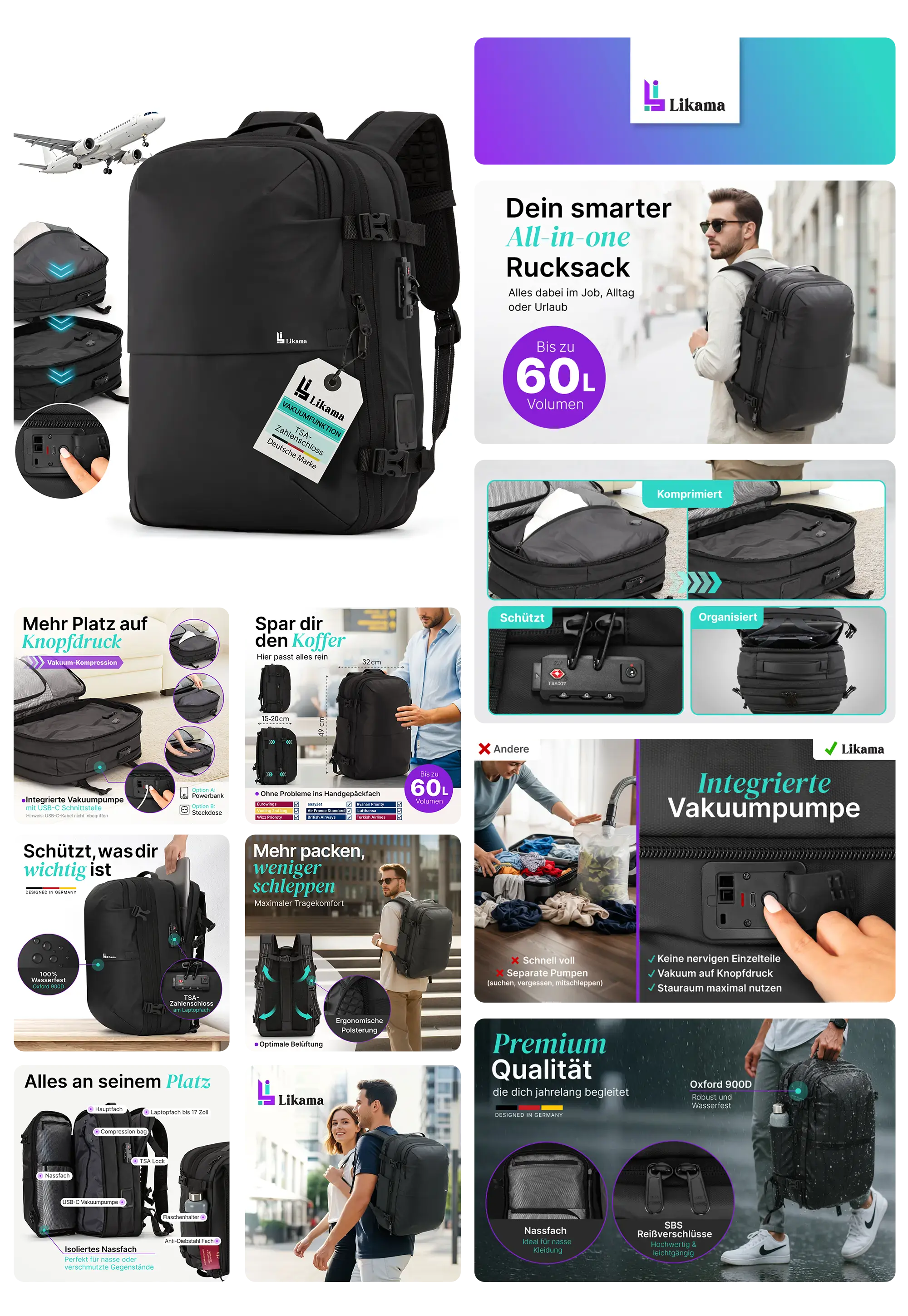 Schwarzer Likama All-in-One Rucksack (bis zu 60L) mit integrierter Vakuumpumpe zur Komprimierung von Kleidung, beworben als smarter, platzsparender und Premium-Reiserucksack für Flugreisen, Alltag und Urlaub