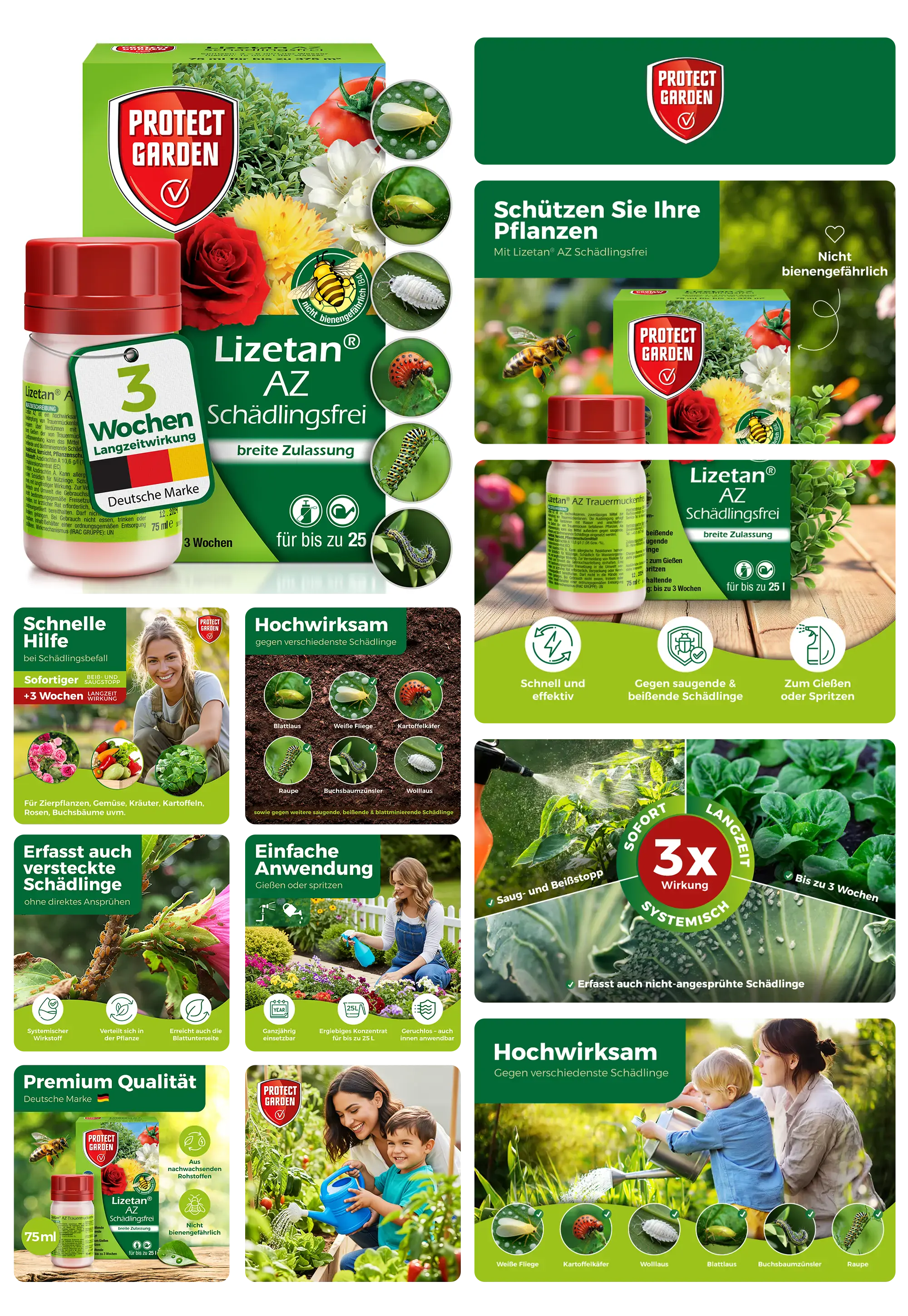 Kleine Flasche Lizetan AZ Schädlingsfrei von Protect Garden mit breiter Zulassung und 3 Wochen Langzeitwirkung, beworben als hochwirksames, systemisches Insektizid zur schnellen und effektiven Bekämpfung verschiedenster Schädlinge an Zierpflanzen und Gemüse