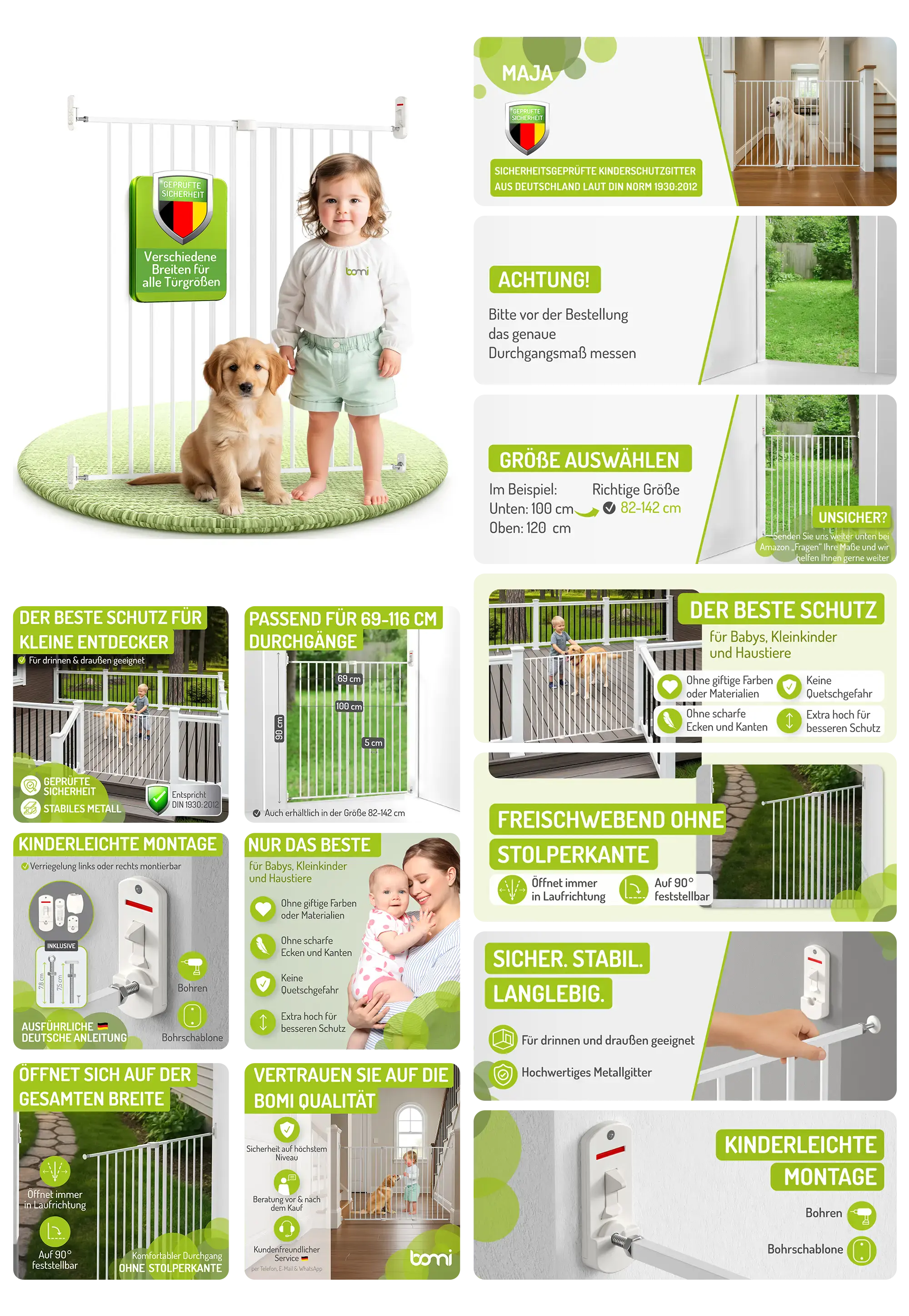 Weißes bomi MAJA Türschutzgitter für Babys und Hunde, beworben als Sicherheits- und Kinderschutzgitter mit stabilem Metallrahmen, freischwebendem Mechanismus ohne Stolperkante und variabler Montage (Bohren oder Klemmen)