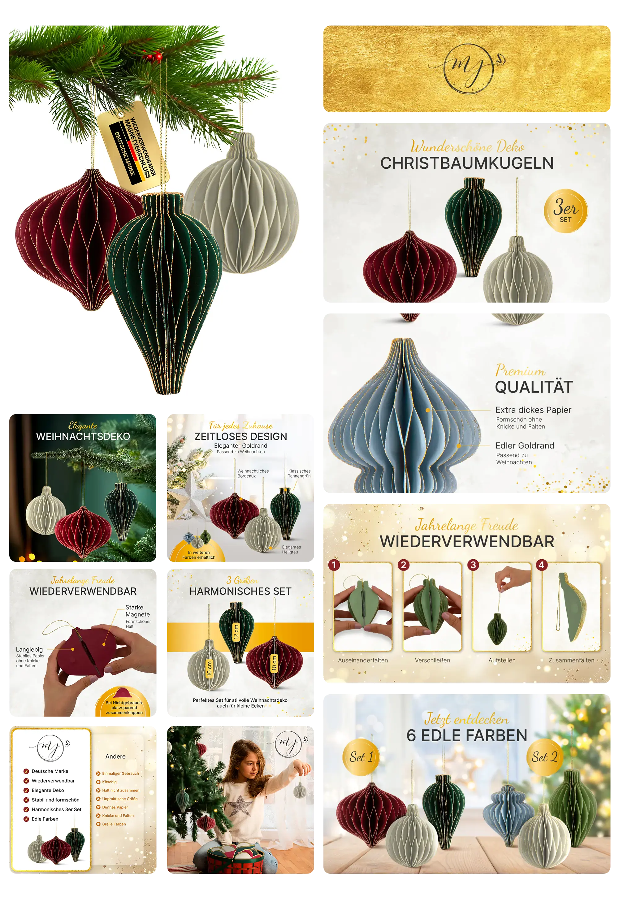 Drei faltbare Waben-Christbaumkugeln in Bordeauxrot, Dunkelgrün und Hellgrau hängen an einem Tannenzweig, beworben als wiederverwendbare, elegante Weihnachtsdeko in Premium Qualität und edlen Farben